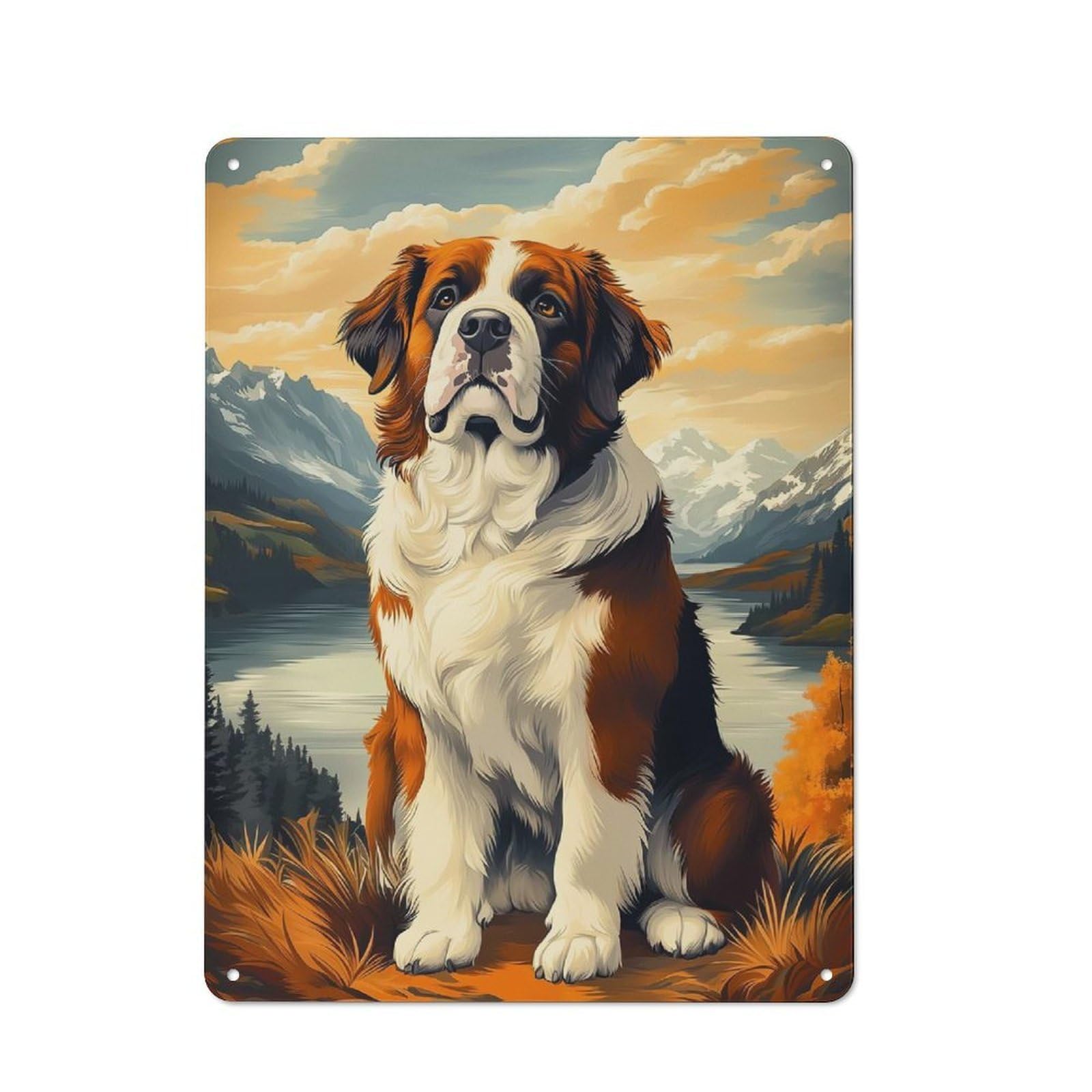 Junmoney Style-5 Tin Wall Plaque 40X30cm With Majestic Saint Bernard In Mountain Landscape For Home Office Or Studio, For Garage, Workshop And Man Cave Decoration