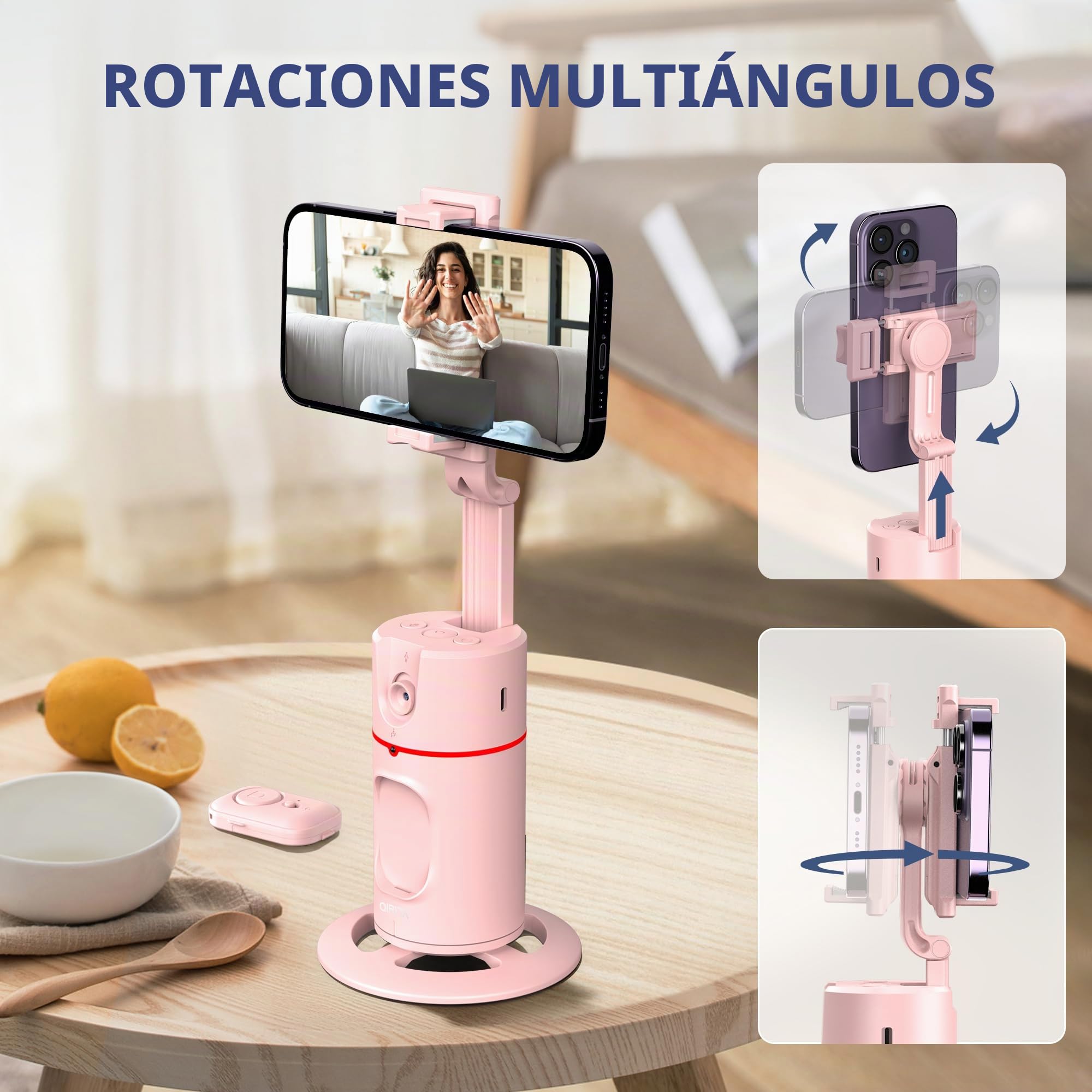 Automatic Face Tracking Mobile Stand, Gesture Control & Remote Control, 360 Degree Rotating Mobile Camera Stand, iPhone Selfie Stick Tripod, Telescopic Bar (Pink)