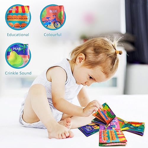Miniatura 5 de Libro de tela suave para bebés de 0 a 6 meses, libro de aprendizaje para bebés (ABC-Z, 1-10, color, fruta, paquete de 4), libro arrugado para bebés