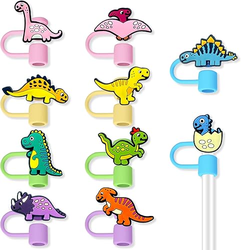 10 vasos con popote de dinosaurio para vaso, 10 unidades, 0.394 in (0.394 in), protector reutilizable, puntas de popote para accesorios de taza (10