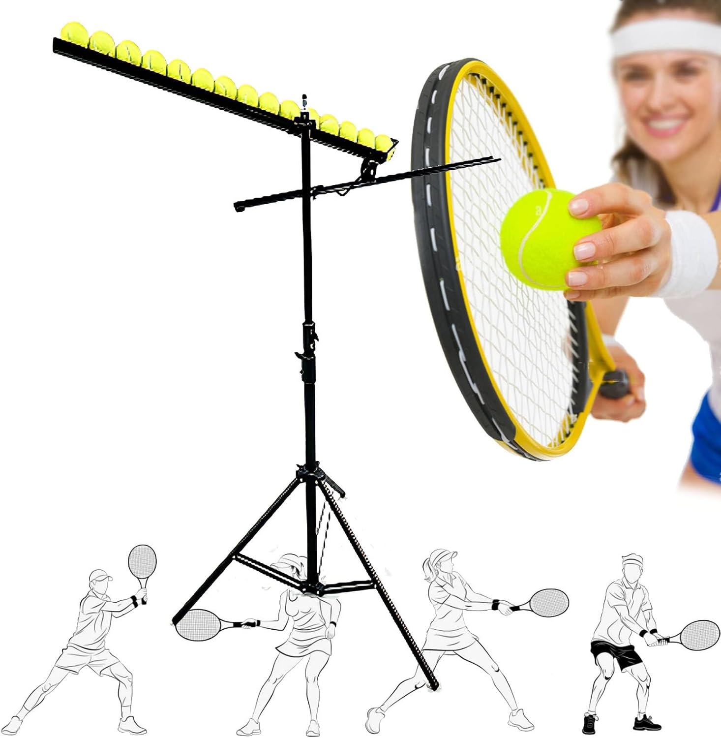 Tennis Ball Dropping Machine, Multi-Ball Capacity Tennis Feeder, Adjustable Height Tennis Ball Feeder, 360° Rotation Adjustment for Home and Court Practice.