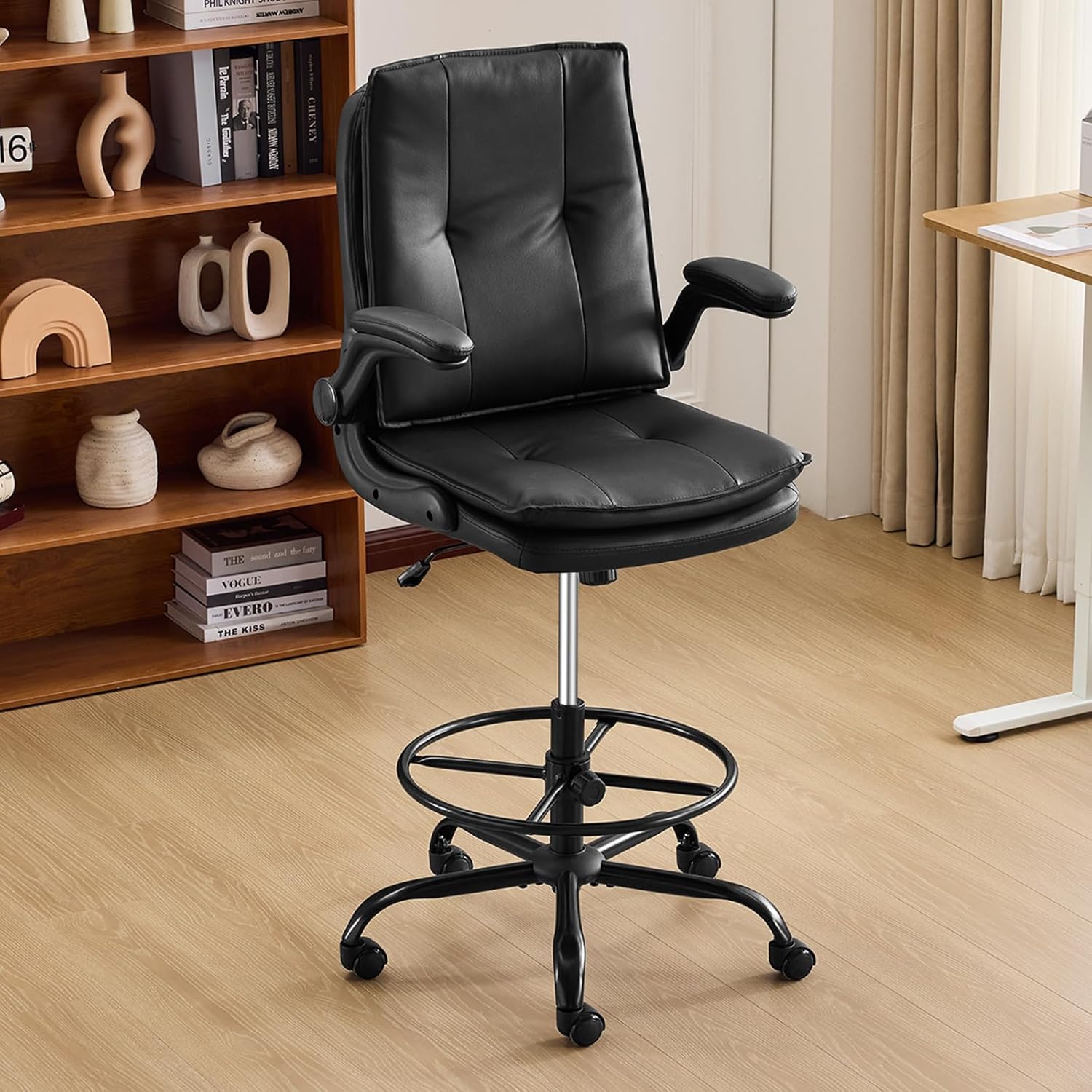 Karl home Drafting Chair Height Adjustable for Standing Desk, PU Upholstered Tall Office Swivel Desk Chair with Flip-Up Armrests, Ergonomic Lumbar Support, Adjustable Foot Ring, Black