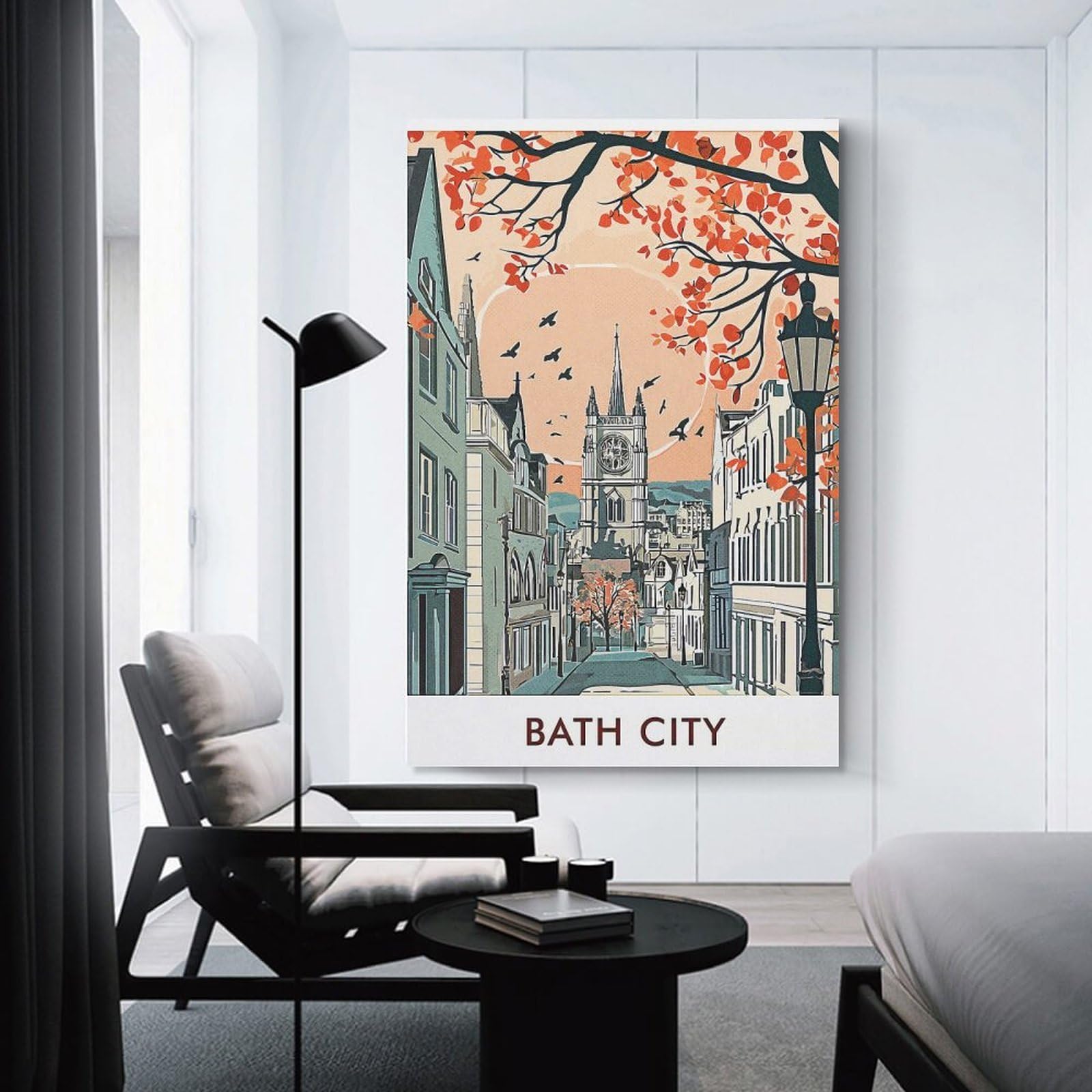 Junmoney Bath Cityscape Illustration Hanging Wall Art 24x36inch(60x90cm), for Front Hall, Corridor Or Welcome Spaces, Wall Decor to Refresh Empty Corners
