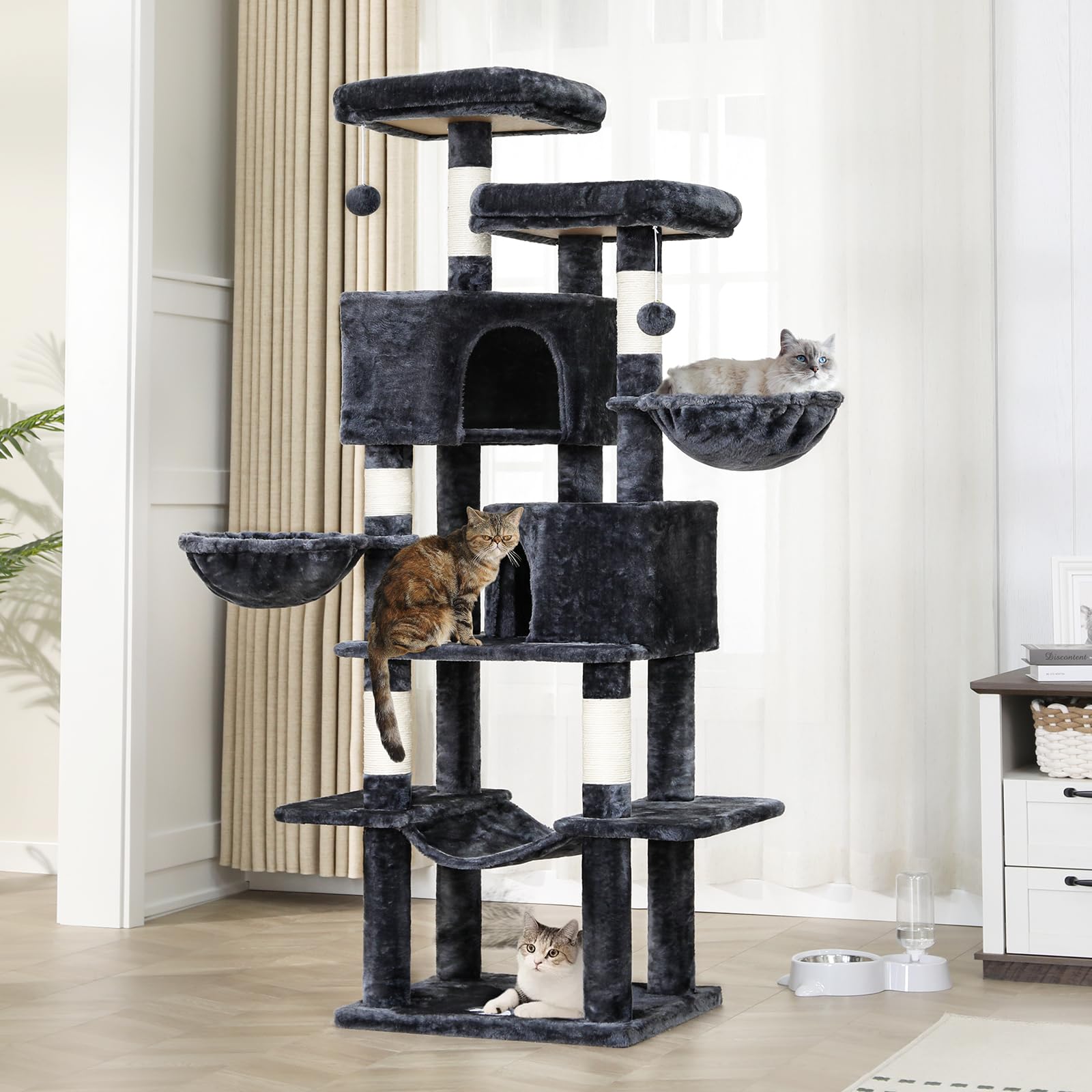 MSmask Rascador grande, 180 cm de alto, árbol para gatos con troncos de sisal, 2 plataformas, 2 cuevas para gatos, cesta, hamaca, árbol rascador para gatos estable, árbol trepador de varios niveles