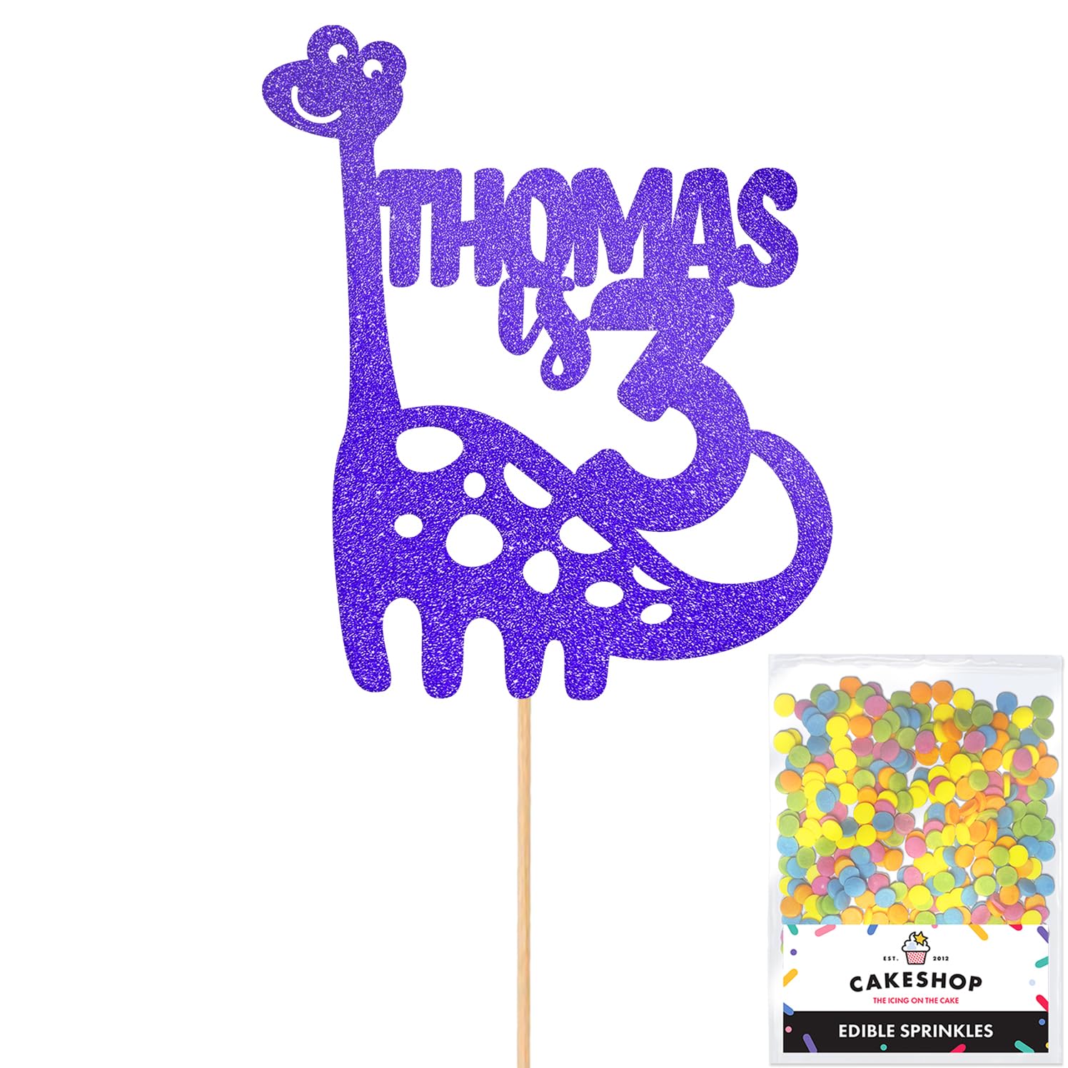 Personalised Birthday Dinosaur Glitter Cake Topper- Bright Blue Any Name & Age Glitter Cake Decoration and Sprinkles - Happy Birthday Decorations - Personalised Toppers for Cakes by Cakeshop โ image 1