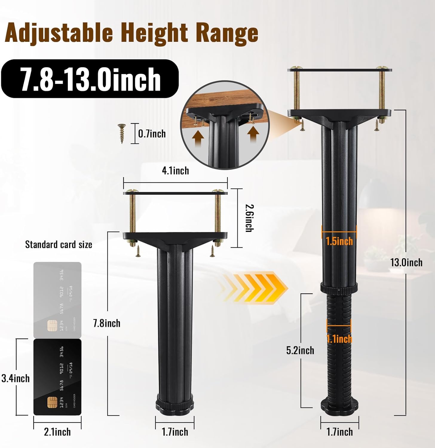 YHK 4PCS Adjustable Height Bed Support Legs 7.8-13.0inch, Heavy Duty Bed Frame Support Legs for Bed Slat and Frame, Plastic Bed Frame Support Replacement Bed Support Reinforcement Parts