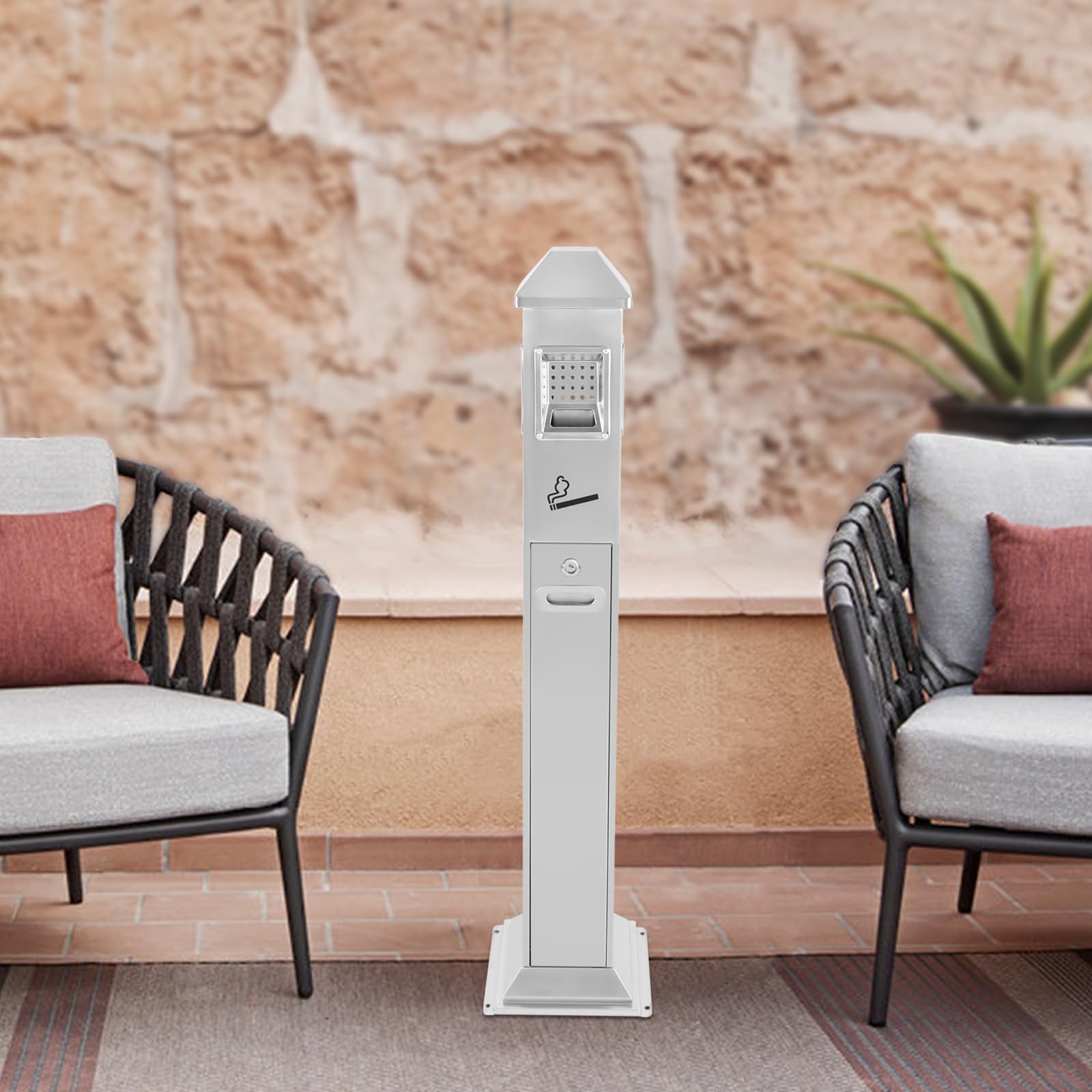 Standing Ashtray Outdoor, Smoking Cigarette Butt Receptacles, Commercial Vertical Trash Can with Removable Inner Barrel, for Office, Restaurants, Bars and Convenience Stores (Silver)