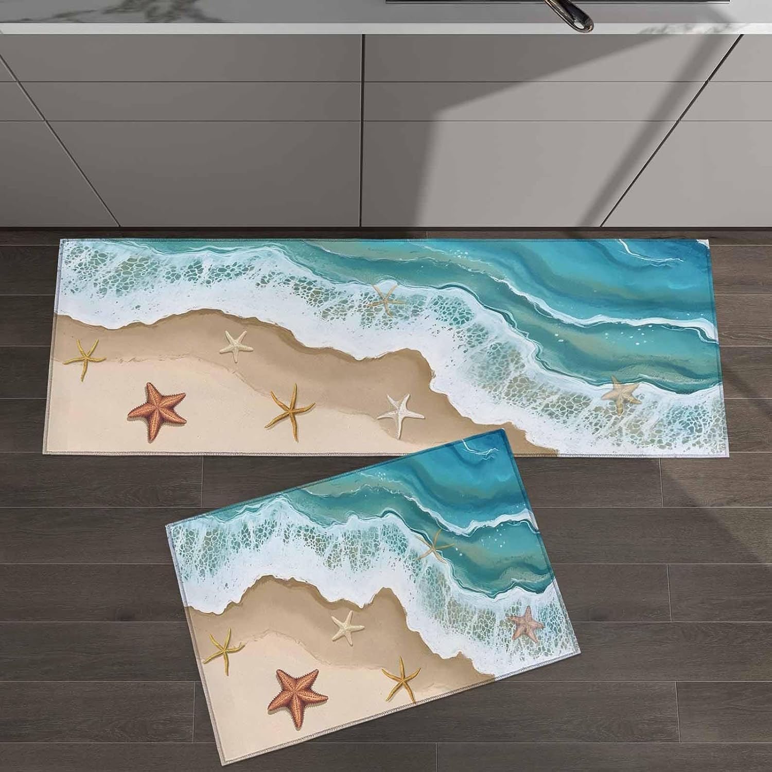 2 Pieces Kitchen Rugs and Mats,Nautical Ocean Sea Wave Starfish Area Runner Rug Set Non Slip Floor Doormat Washable Carpet Standing Mat for Kitchen Sink Indoor Corridor,Marine Life Beach Theme