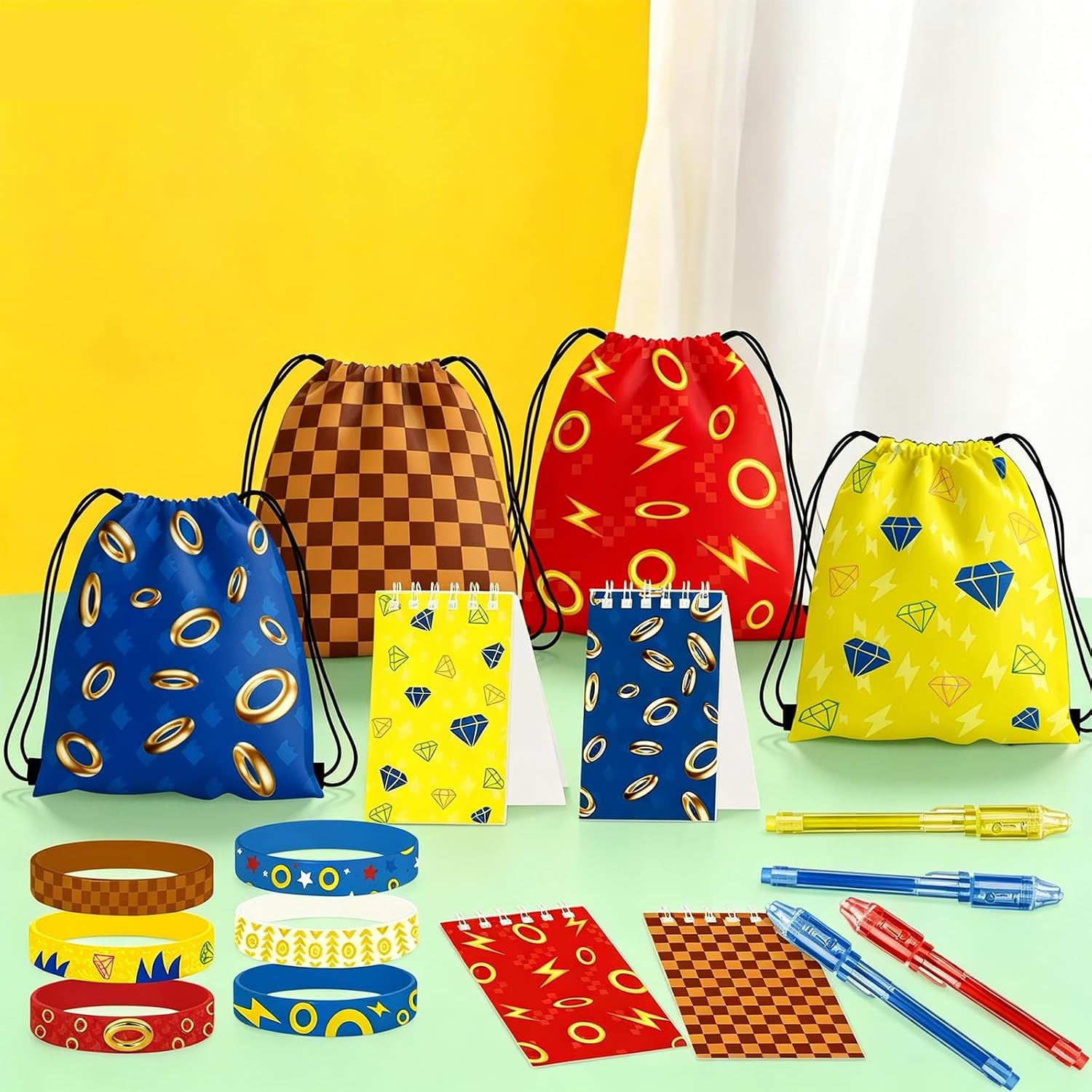 Hedgehog Theme Party Favors, Gaming Theme Birthday Party Supplies & Goodie Bags for Kids, Include Drawstring Bags Notebook Silicone Bracelet Invisible Highlighter for Gifts Fillers