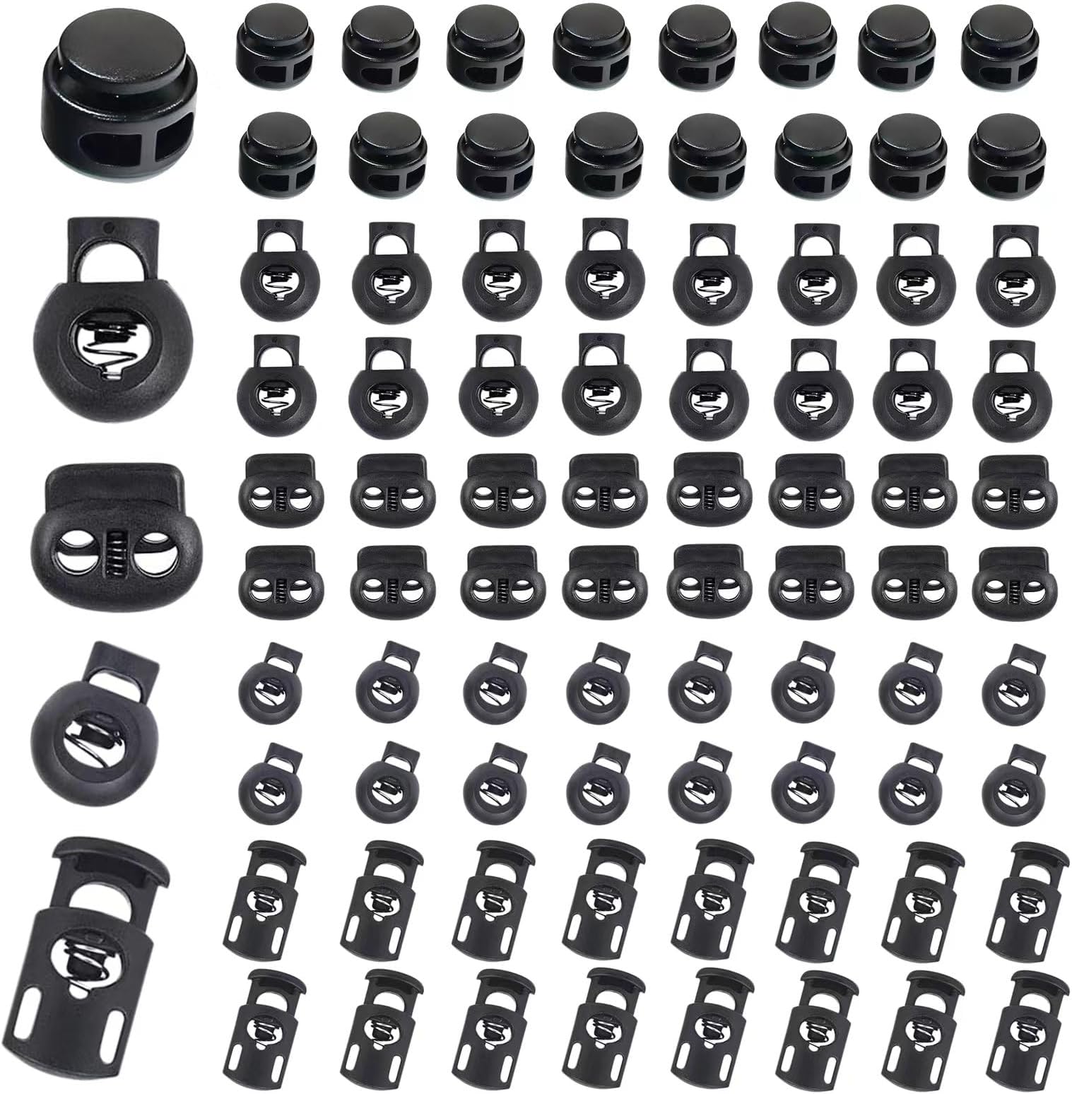 Sunenlyst 150Pcs Cord Locks, Plastic Cord Lock for Drawstrings, Shoelace Locks Spring Toggle Stopper with 5 Sizes, Cord Stops for Drawstring, Paracord, Clothing and Bags (160 Dark Black)