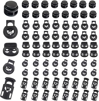 Sunenlyst 150Pcs Cord Locks, Plastic Cord Lock for Drawstrings, Shoelace Locks Spring Toggle Stopper with 5 Sizes, Cord Stops for Drawstring, Paracord, Clothing and Bags 160 Dark Black