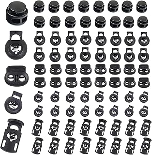 Sunenlyst 150Pcs Cord Locks, Plastic Cord Lock for Drawstrings, Shoelace Locks Spring Toggle Stopper with 5 Sizes, Cord Stops for Drawstring, Paracord, Clothing and Bags (160 Dark Black)