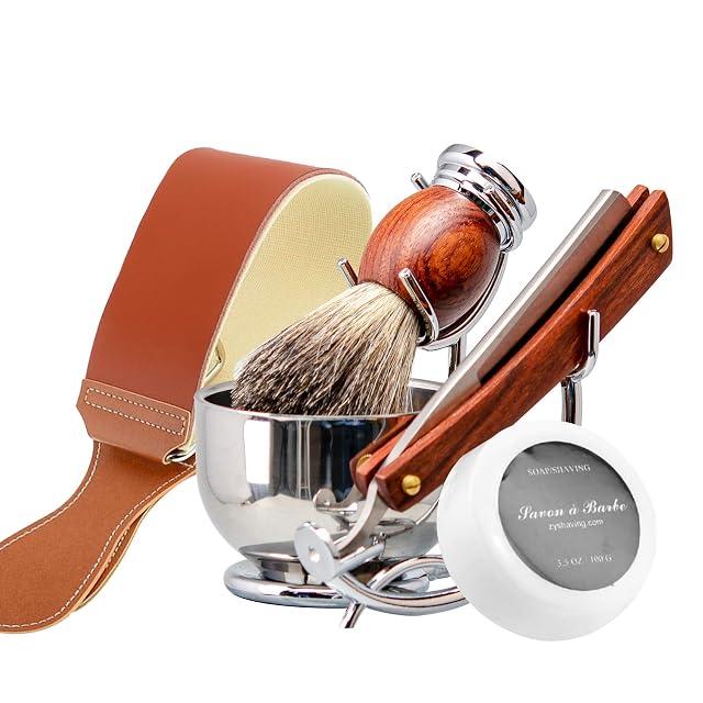Grandslam Shaving Straight Razor Kit Cutthroat Straight Razor With Leather Strop Shaving Brush and Bowl Stainless Steel Stand