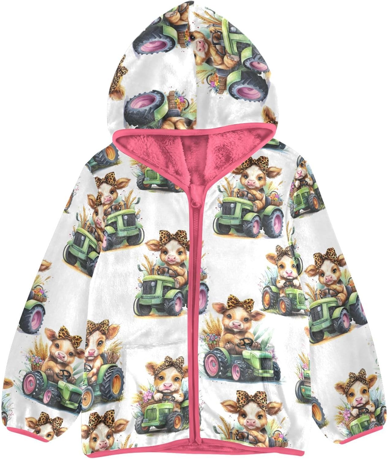 Girls Hoodie Outfit Highland Cattle Truck Pattern Zipper Sweatshirt Coat Fleece Jacket for Kids 3-10T