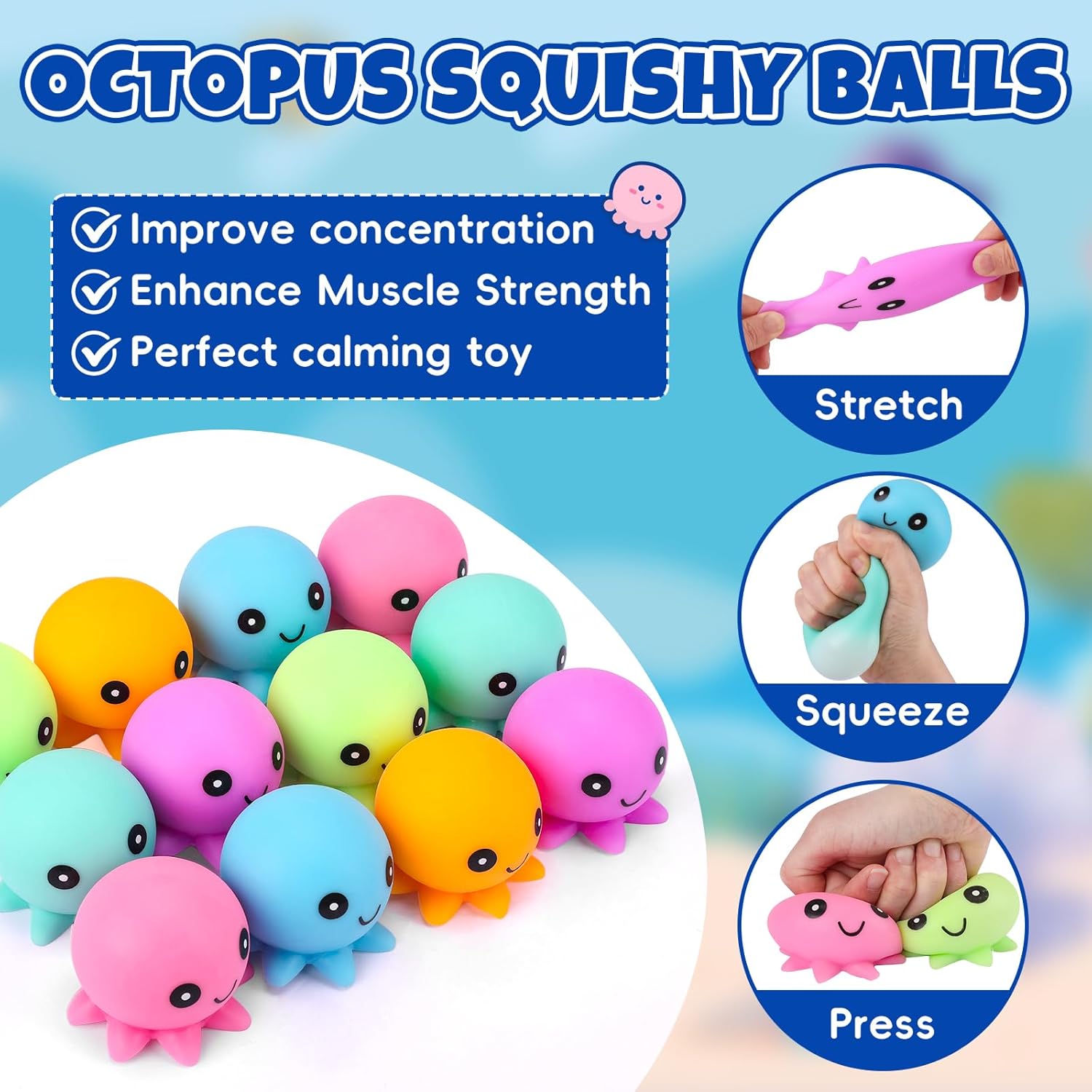12 Pack Stress Balls for Adults, Cute Octopus Stress Relief Stress Ball, Fidget Toys Bulk Squishy Squeeze Ball Set and Birthday Party Favors Toys for Kids