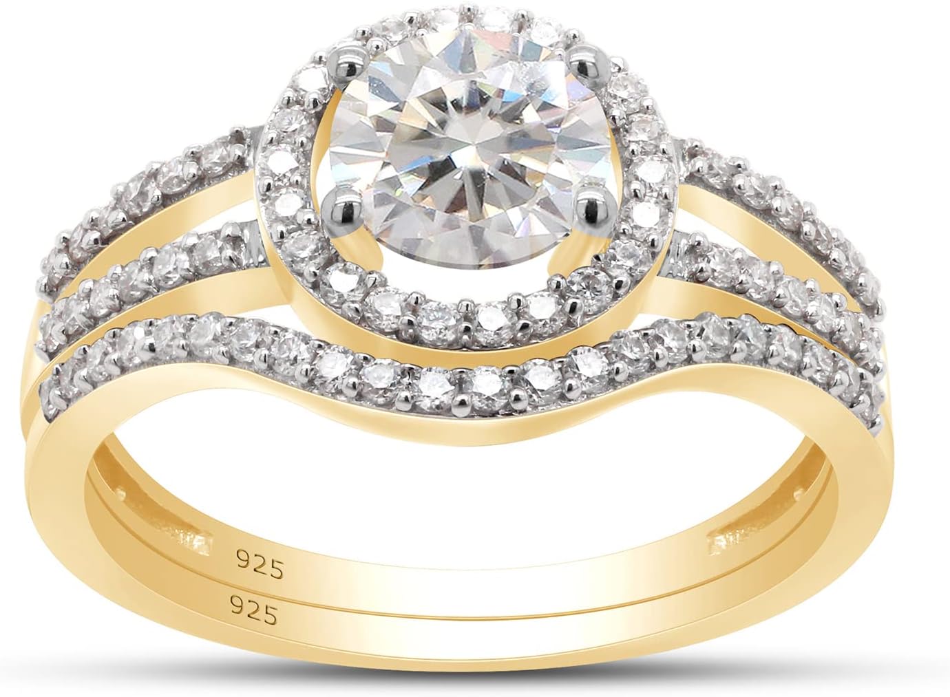 SAVEARTH DIAMONDS 1 Carat Center 6MM Round Cut Lab Created Moissanite Diamond Halo Split Shank Bridal Set Engagement Ring In 14K Gold Over Sterling Silver (VVS1 Clarity, 1 Cttw)