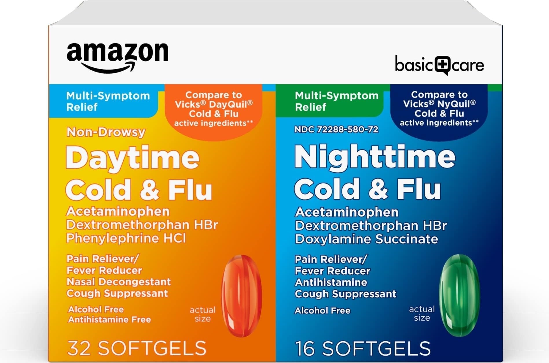 Amazon Basic Care Cold and Flu Relief, Daytime and Nighttime Combo Pack Softgels for Multi-Symptom Relief, Sore Throat, Cough, Nasal Congestion, Headache, 48 Count (Pack of 1)