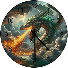 Dragon Wall Clock Silent Non Ticking Battery Operated, Kids Medieval Magic Scary Fantasy Animal Mythical Green Dragon Clock Decorative for Bathroom Kitchen Bedroom Living Room12 Inch