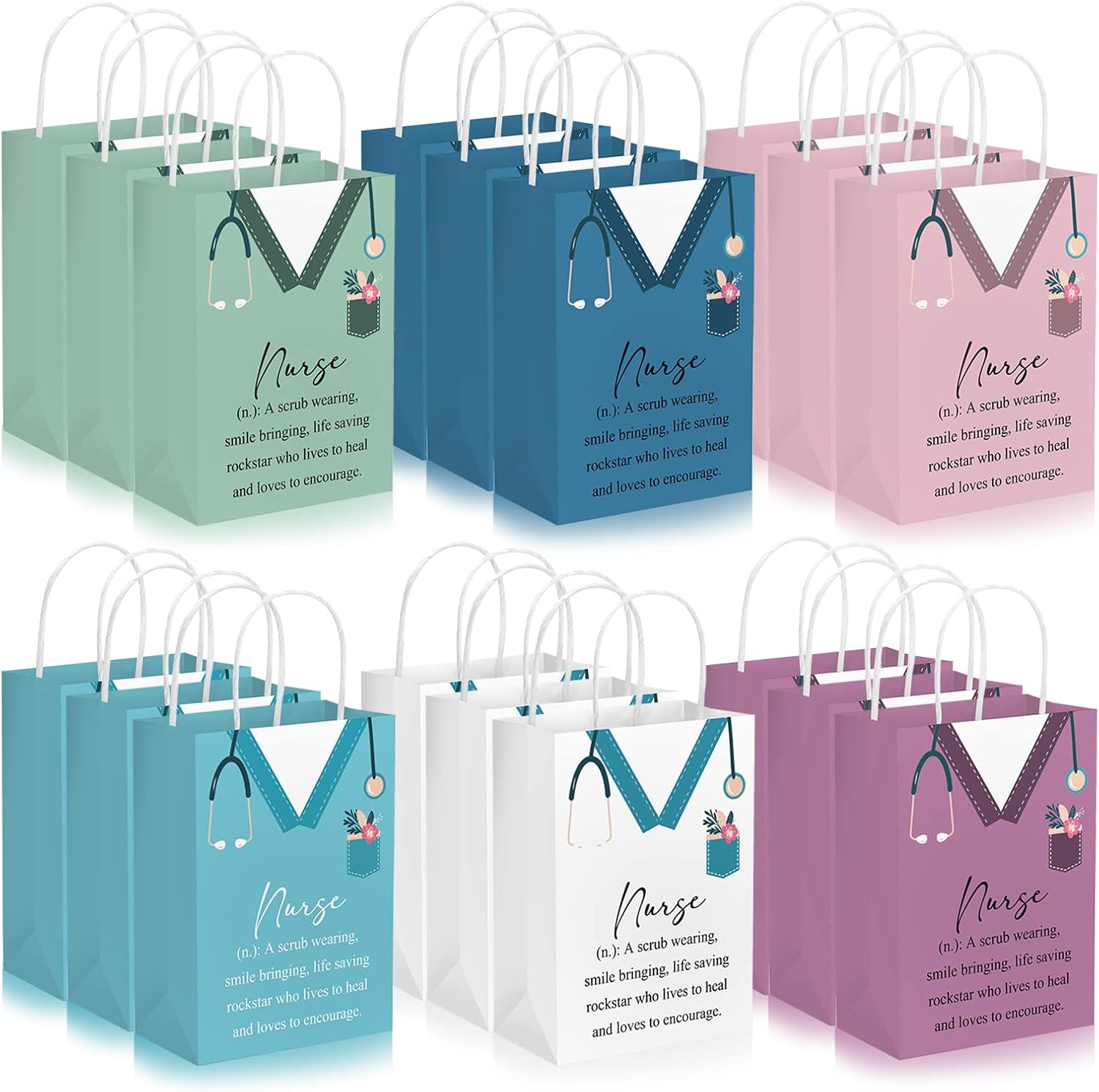 Woanger 50 Pieces Nurse Appreciation Gift Bag Bulk Nurse Week 2026 Gift Goodie Paper Bag with Handle Nursing Graduation Thank You Handbag for Lpn Assistant Cna Week Party Favor Supplies, 5 Colors