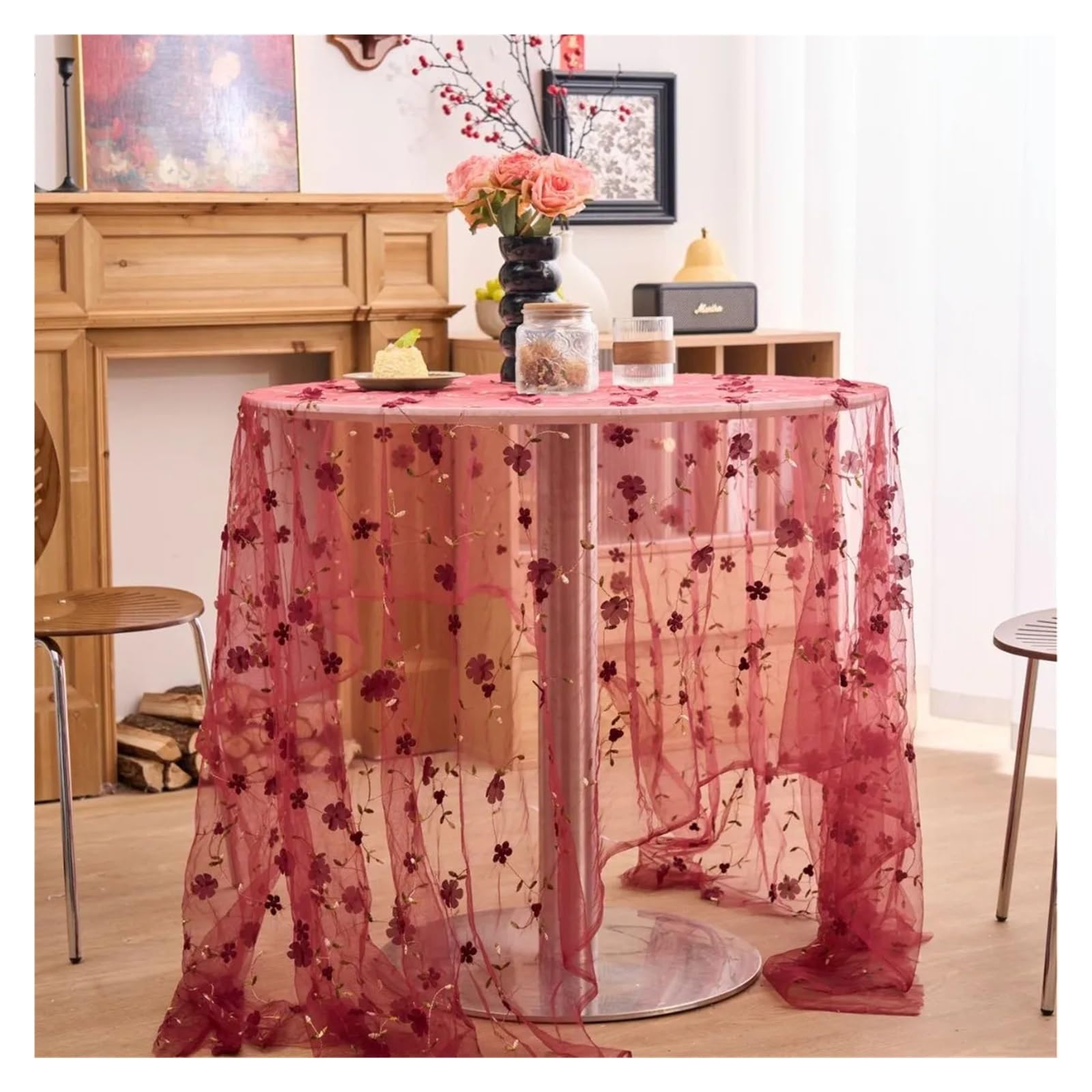 NJIEzhao Embroidered Lace Tablecloth Romantic Floral Embroidered Lace Tulle Tablecloth Transparent Mesh Table Cloth Cover(E,100x150CM)