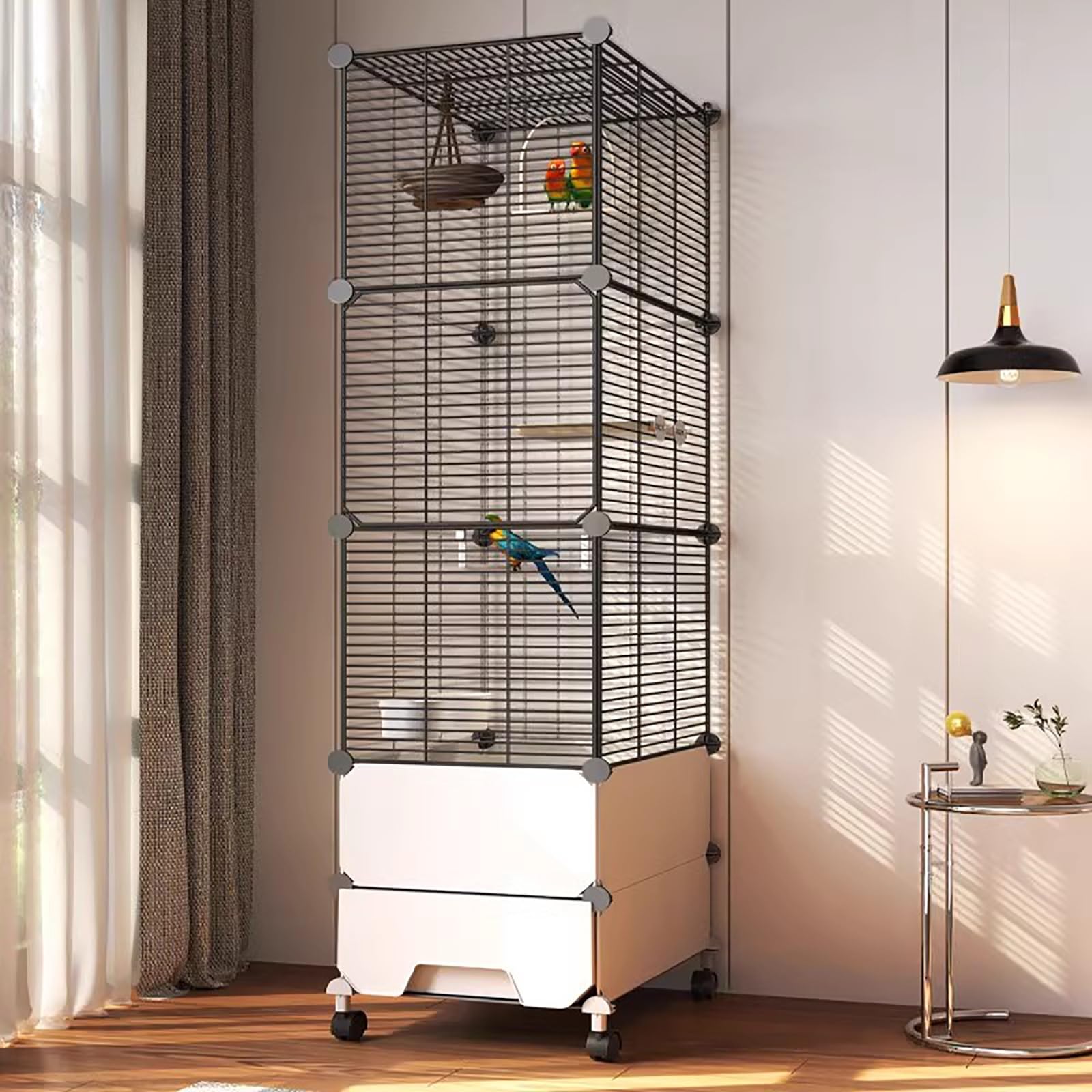 Wellensittich Käfig, Papageienkäfig, Vogelkäfig Groß, Vogelvoliere mit Schubladenboden und Rädern, Leicht zu Reinigen und zu Bewegen, für Nymphensittiche, Haustierpapageien, Sittiche