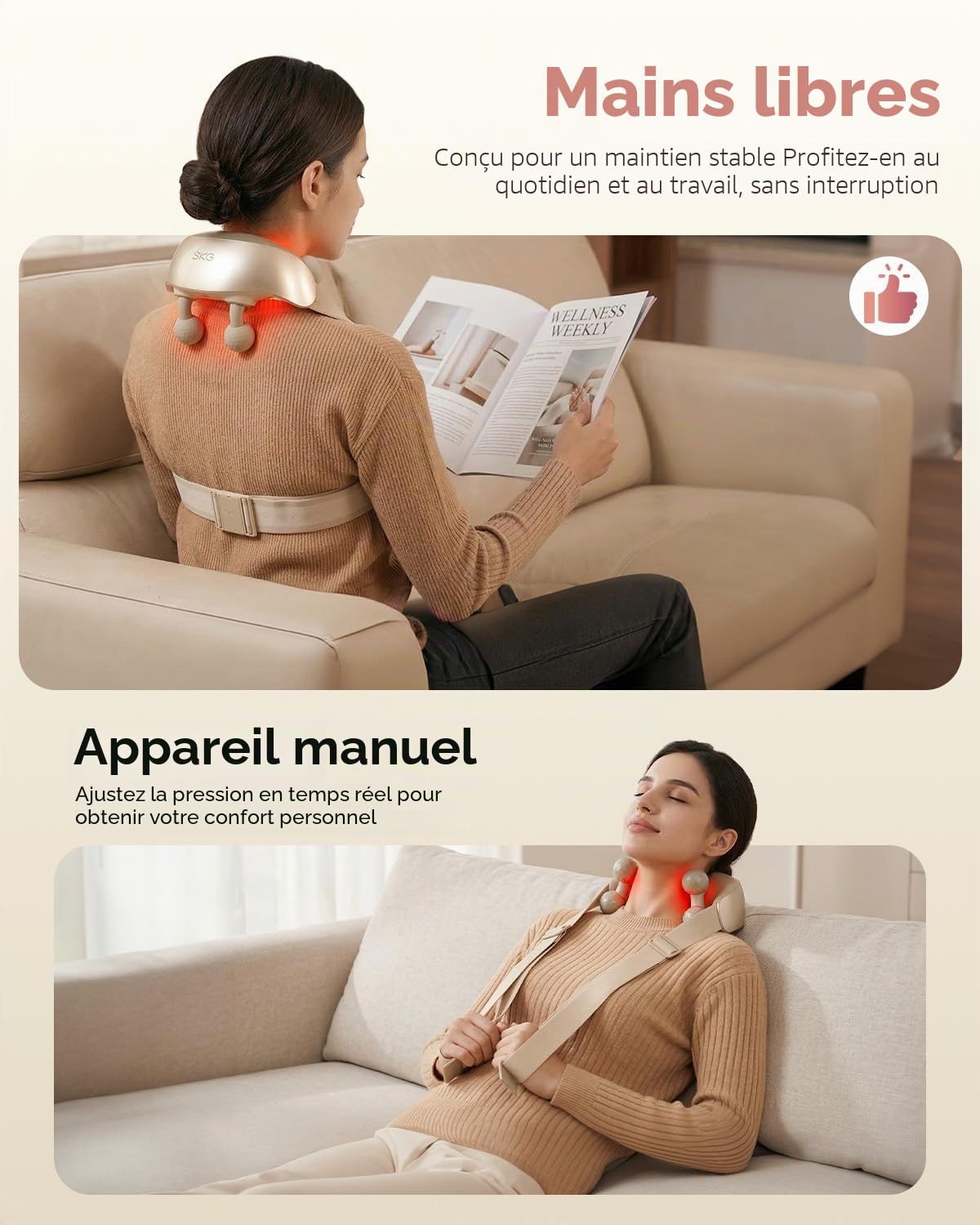 SKG Appareil de massage Shiatsu avec chaleur, tête de massage 6D blanche, cadeau pour hommes et femmes, H7 Ultra