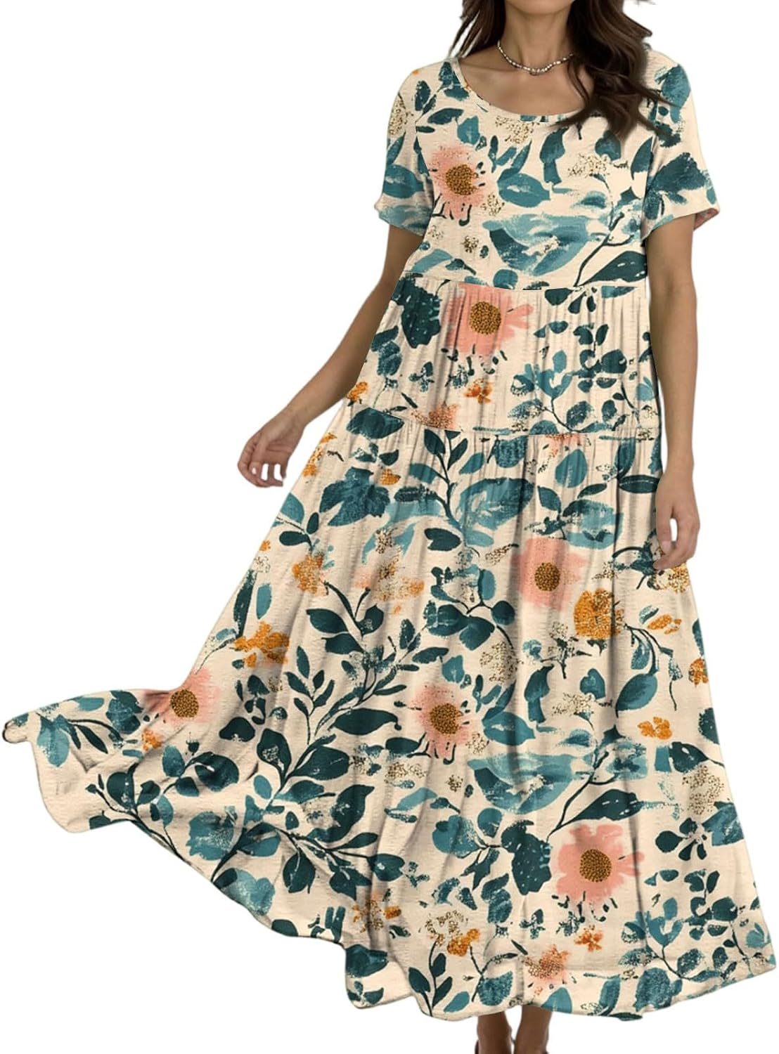 Summer Dresses for Women Boho Floral Beach Vacation Maxi Dress Trendy Loose Pleated Flowy Swing A Line Sundresses