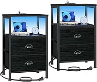Furologee Nightstands Set of 2 with Charging Station, LED Lights & 2 Fabric Drawers - Black Oak Bedside End Tables for Bedroom