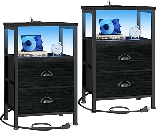 Furologee Nightstands Set of 2 with Charging Station, LED Lights & 2 Fabric Drawers - Black Oak Bedside End Tables for Bedroom
