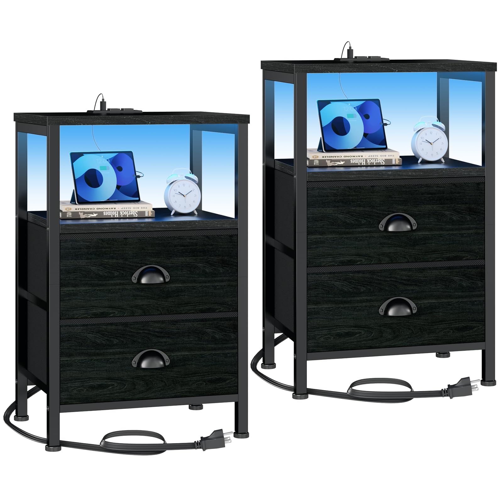 Photo 1 of Furologee Nightstands Set of 2, End Tables with Charging Station and LED Lights, Black Night Stands with 2 Fabric Drawers, Bedside Tables Set of 2 for Living Room/Bedroom,Black Oak