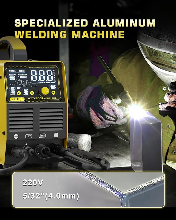 Haxiaoer Aluminum TIG Welder AC/DC 240V with Pulse, [Large LED Display] 200A Digital Inverter AC Pulse TIG/AC TIG/DC Pulse TIG/HF TIG/ARC Welding Machine HXT200P AC DC Pro (Yellow, 200A ac dc)