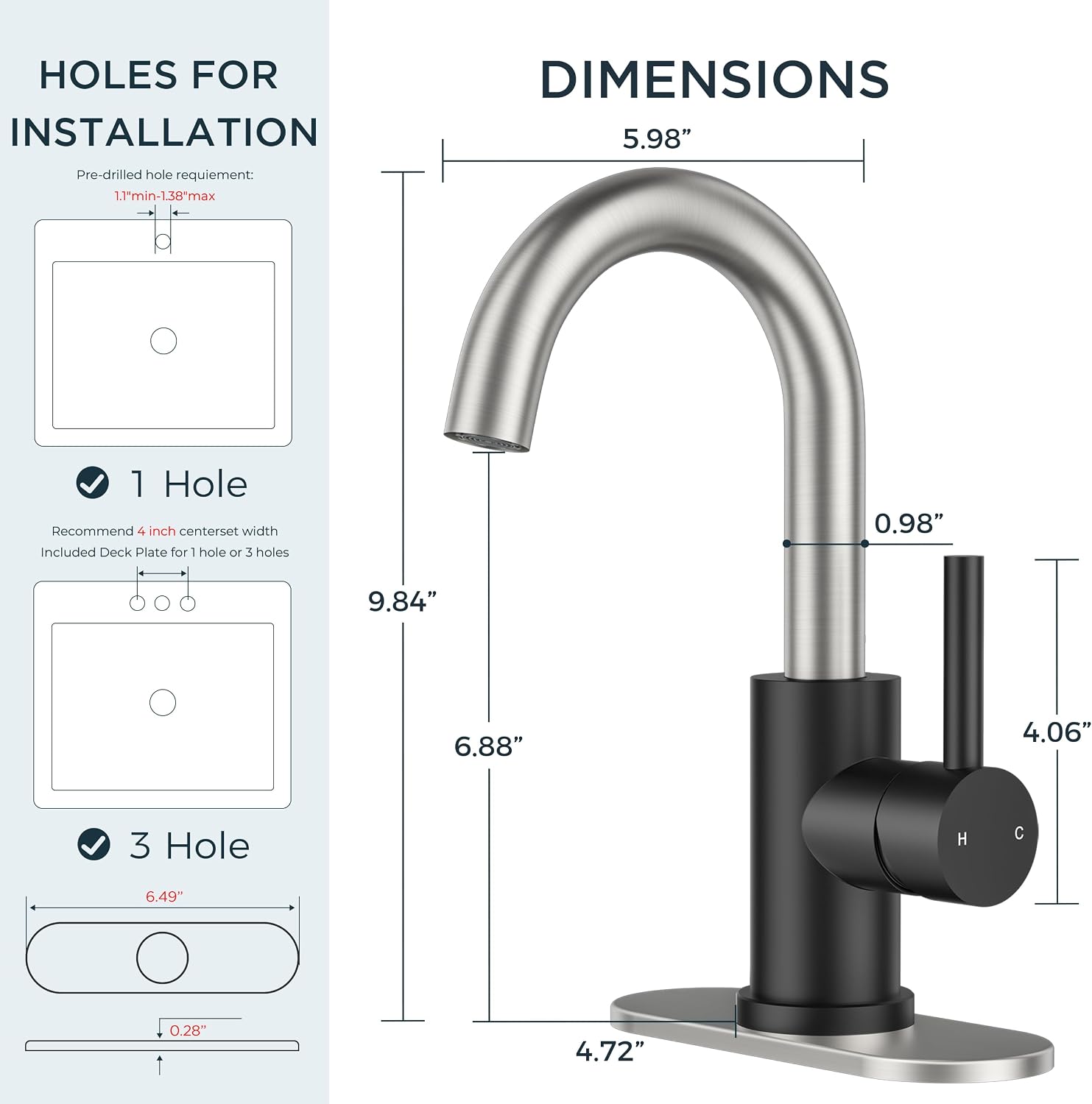 FORIOUS Black and Brushed Nickel Bathroom Sink Faucet 1 or 3 Hole with Pop Up Drain and Hoses, Single Handle Vanity Faucet for Bathroom Bar Kitchen RV, 360° Swivel High Arc Spout