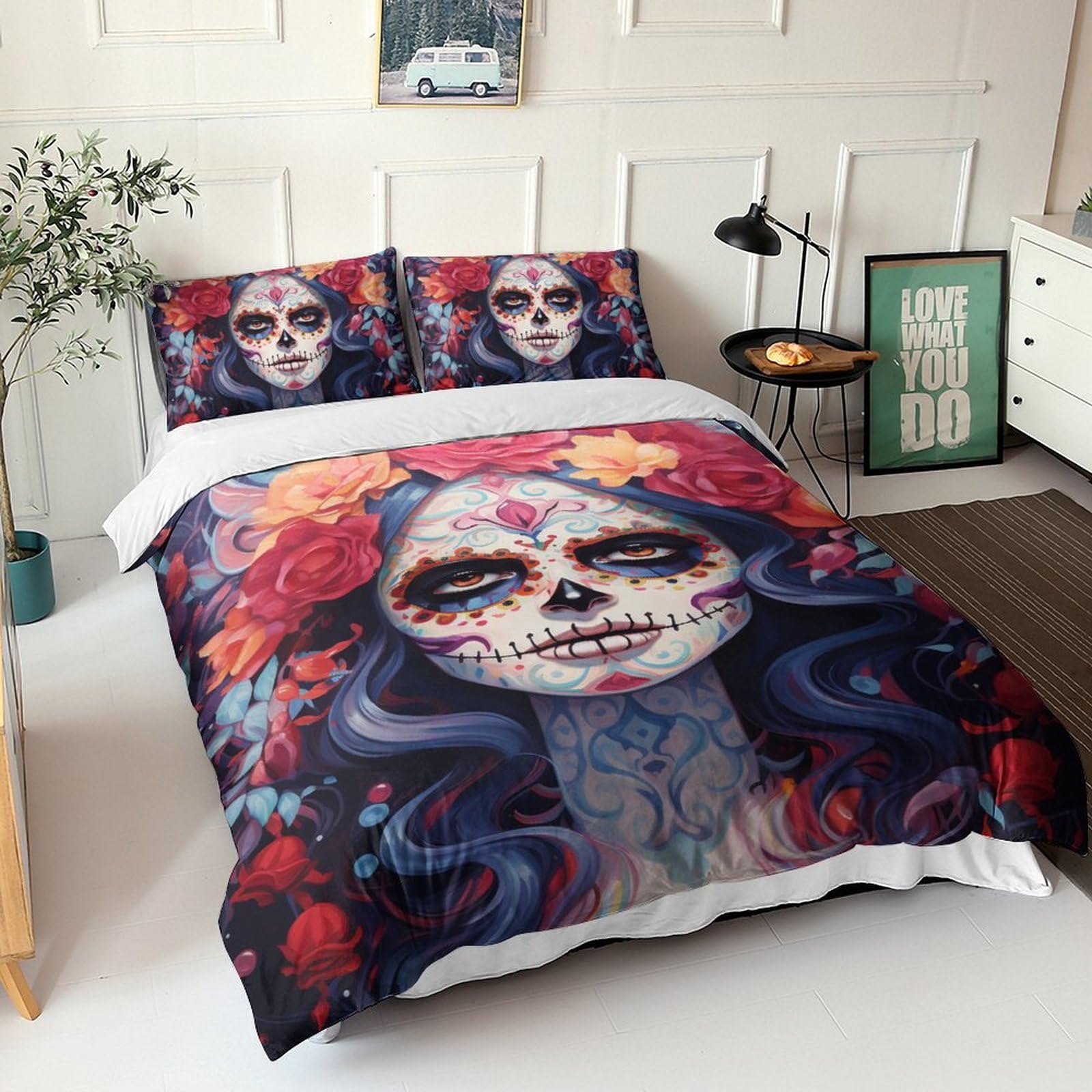 Housse de couette tête de mort colorée en microfibre douce pour lit King gothique