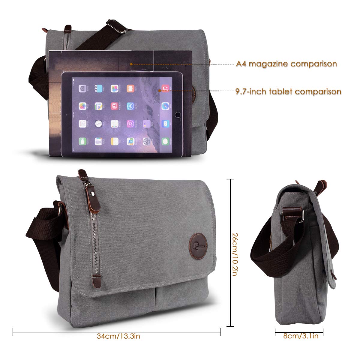 CHEREEKI Borsa Tracolla, Borsa a Spalla in Tela da Uomo con Più Tasche per Lavoro, Scuola, Uso Itinerante e Quotidiano (Per Laptop da 13.3 Pollici)