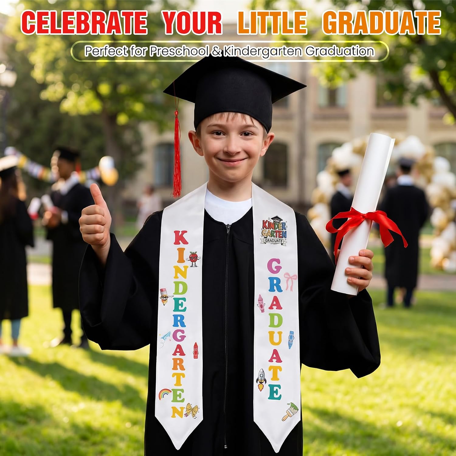 Marspark 18 Pcs 2026 Kids Preschool Kindergarten Graduation Stole Iron-on Letter Set DIY Customize Graduation Stole Heat Transfer Vinyl Decals for Grad Shirts Caps Stoles Preschool Party Supplies