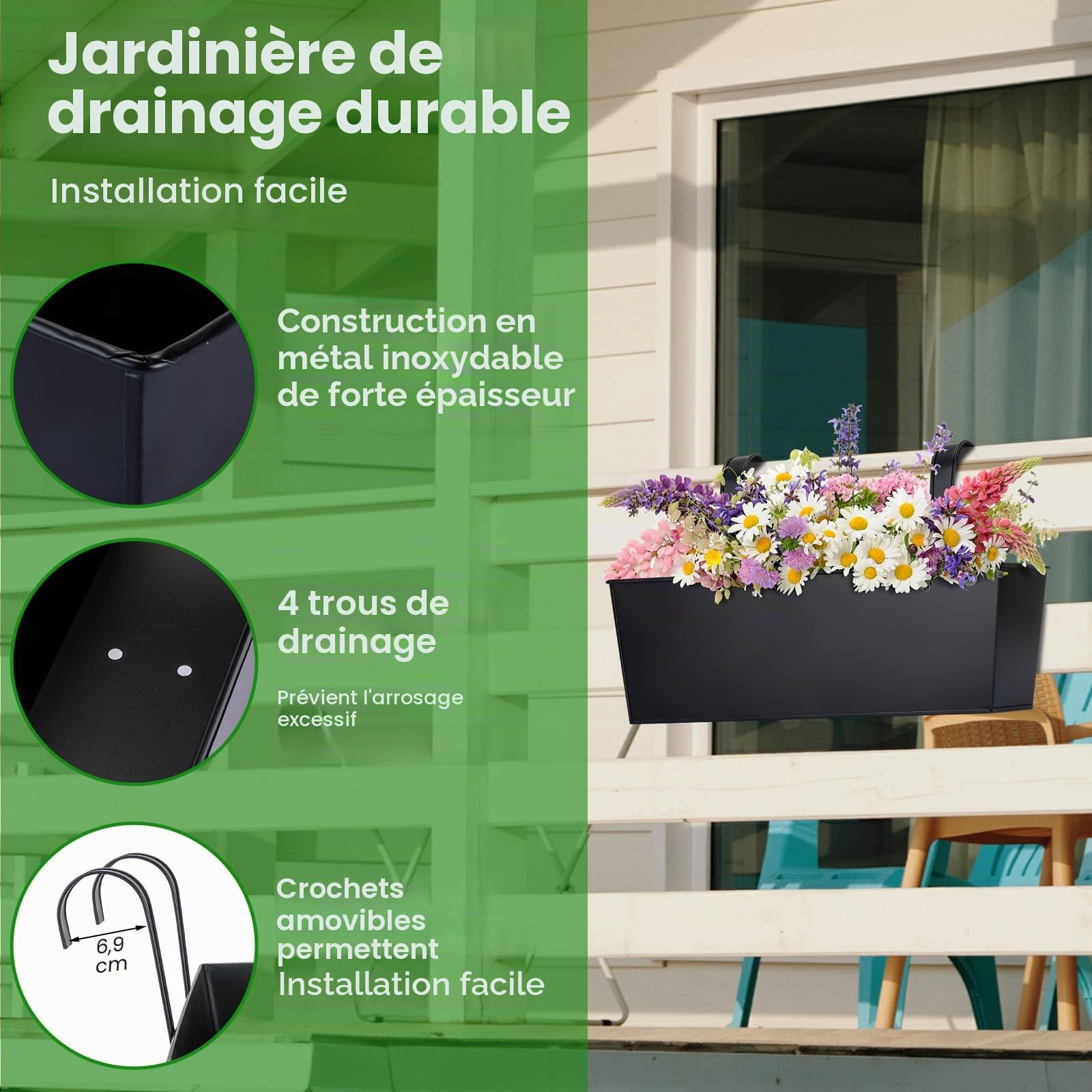 OGIMA Lot de 3 jardinières à Suspendre de 40,6 cm pour Balcon, terrasse et clôture extérieure – Lot de 3 Supports de Pots de Fleurs – Jardinières à Suspendre au Balcon