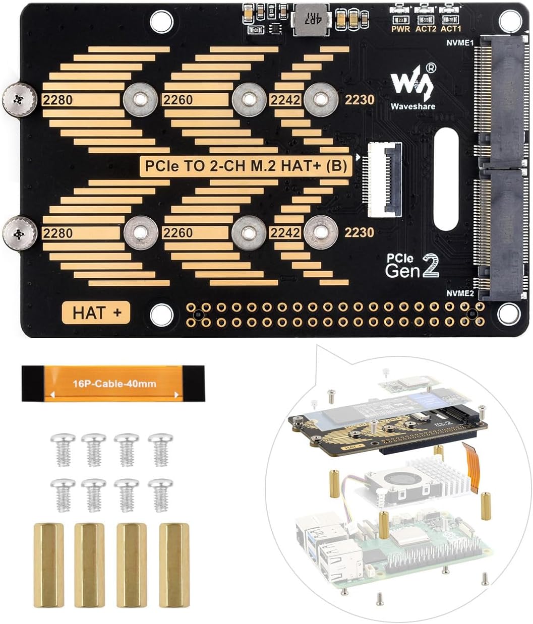 PCIe to 2-CH M.2 HAT, Compatible with Raspberry Pi 5, Support M.2 NVMe Solid State Drive 2230 2242 2280, High-Speed Reading/Writing