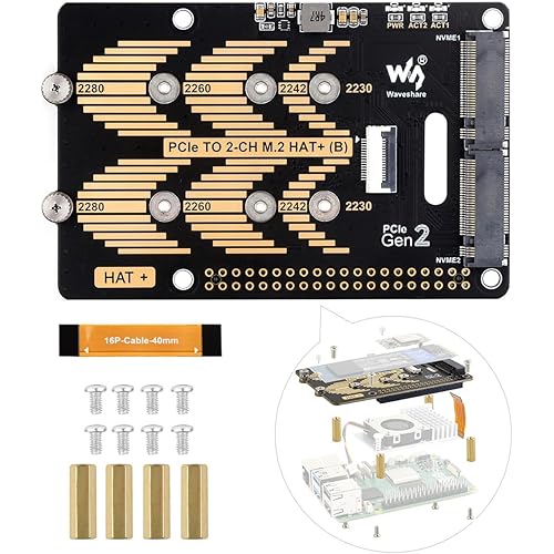 Waveshare PCIe to 2-CH M.2 HAT, Compatible with Raspberry Pi 5, Support M.2 NVMe Solid State Drive 2230 2242 2280, High-Speed Reading/Writing