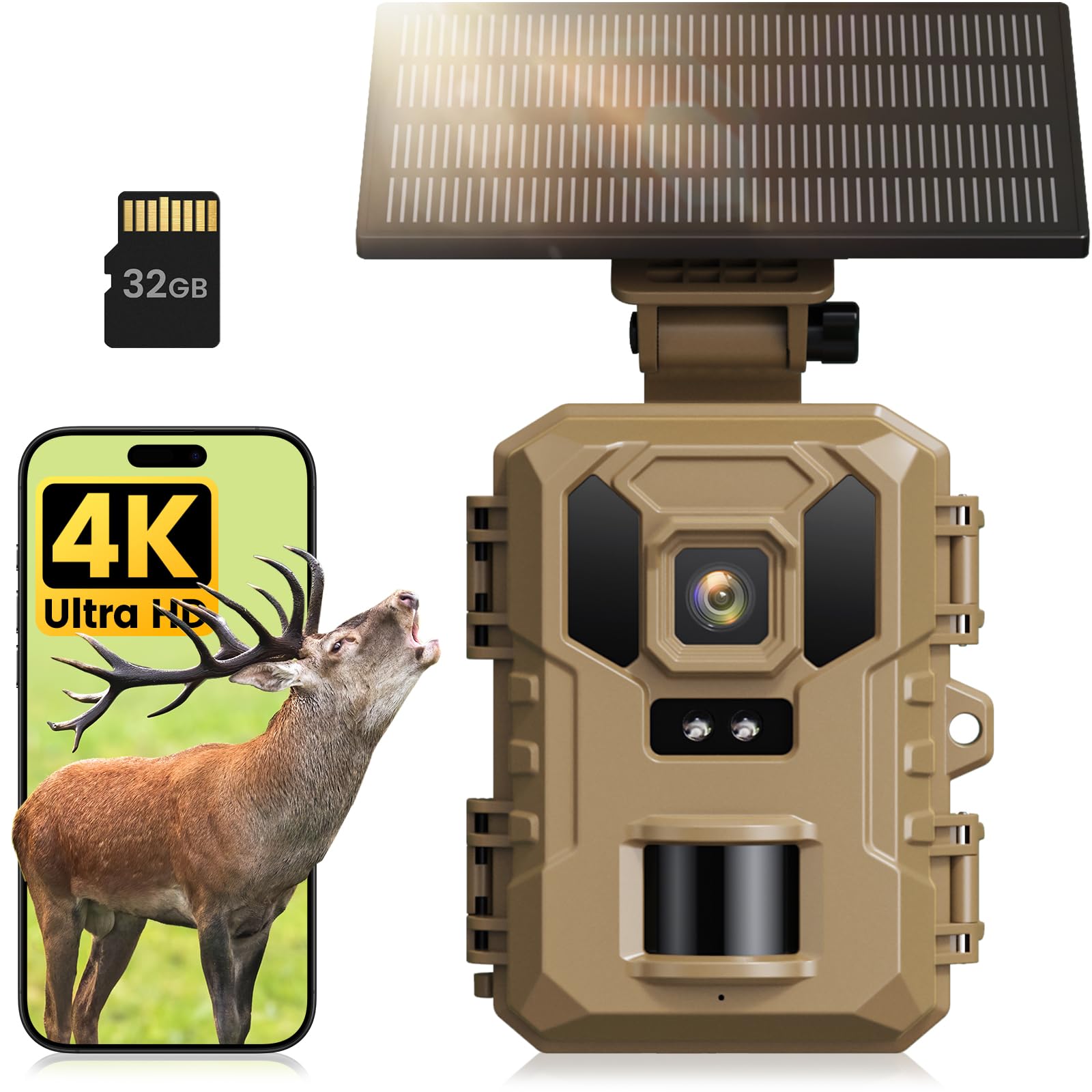 Trail Camera 4K 64MP WiFi Game Cameras with Night Vision Motion Activated  Waterproof IP66, Trail cam with 32GB SD Card, Built-in Battery Solar Power