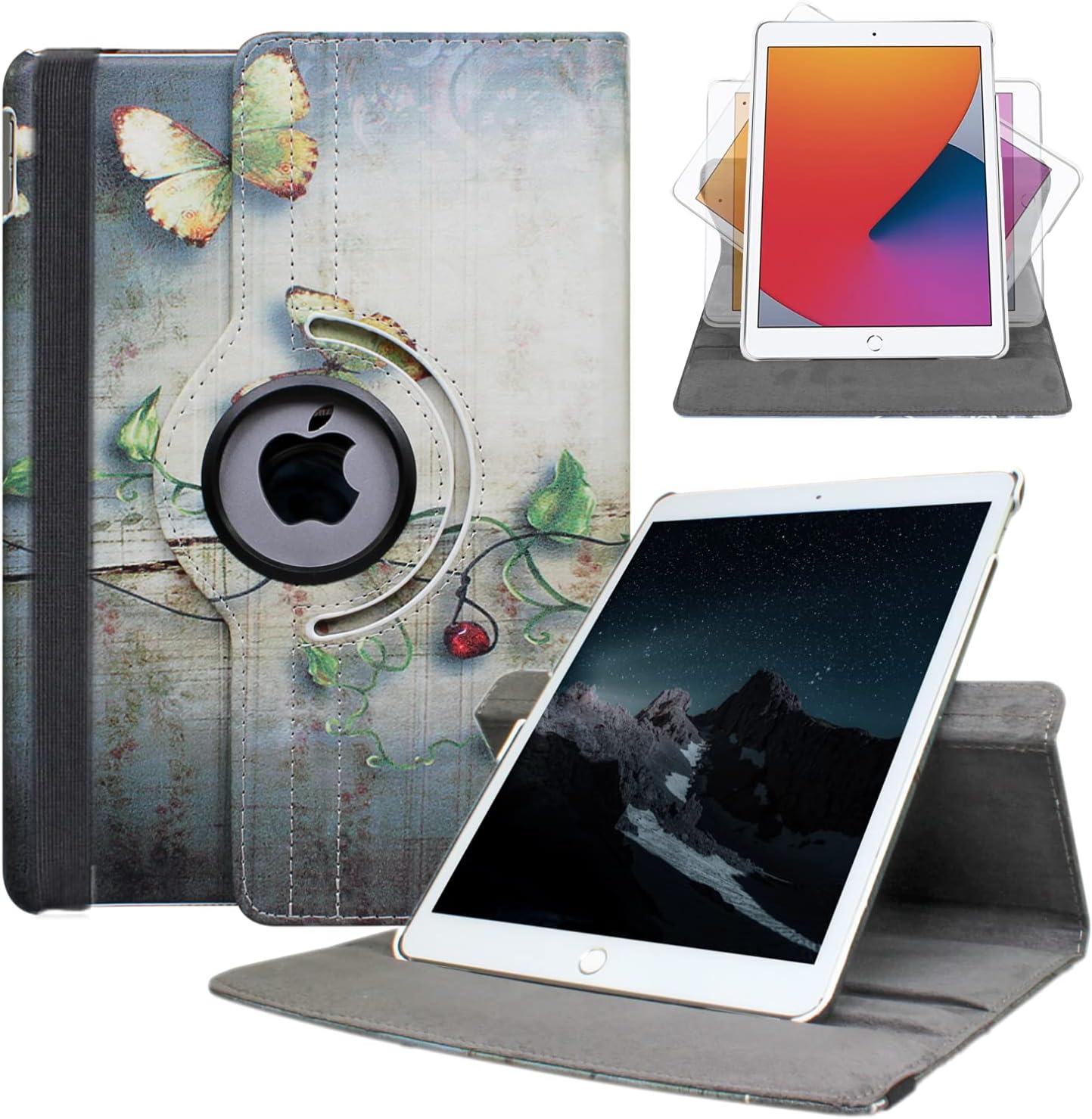 ipad pro 9.7 case 2016 for Model A1674 /A1673 Cases 360 Degree Rotating Smart Leather Auto Sleep/Wake (Butterfly Flowers)