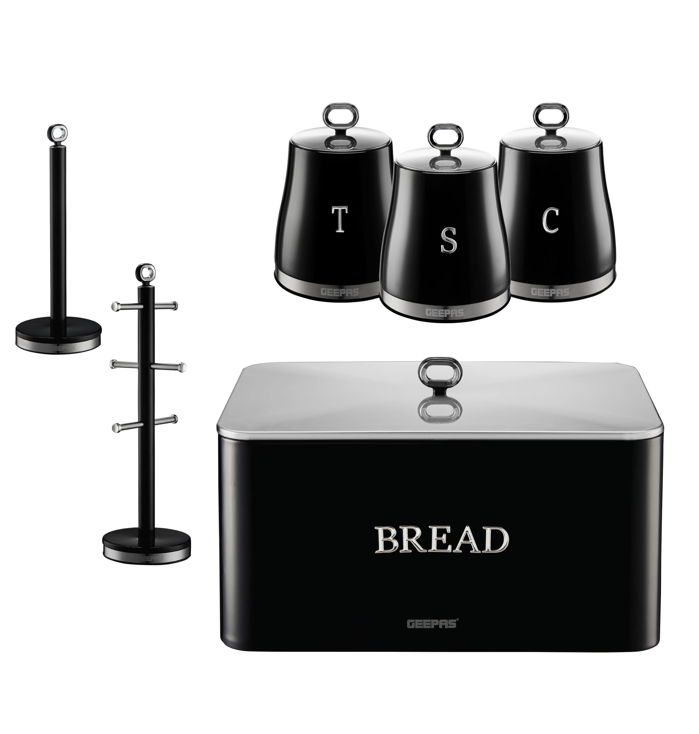 Geepas Unisex Black Retrovive 6 Pc Tea Coffee Sugar Canister, Bread Bin, Mug Tree & Towel Pole Set In