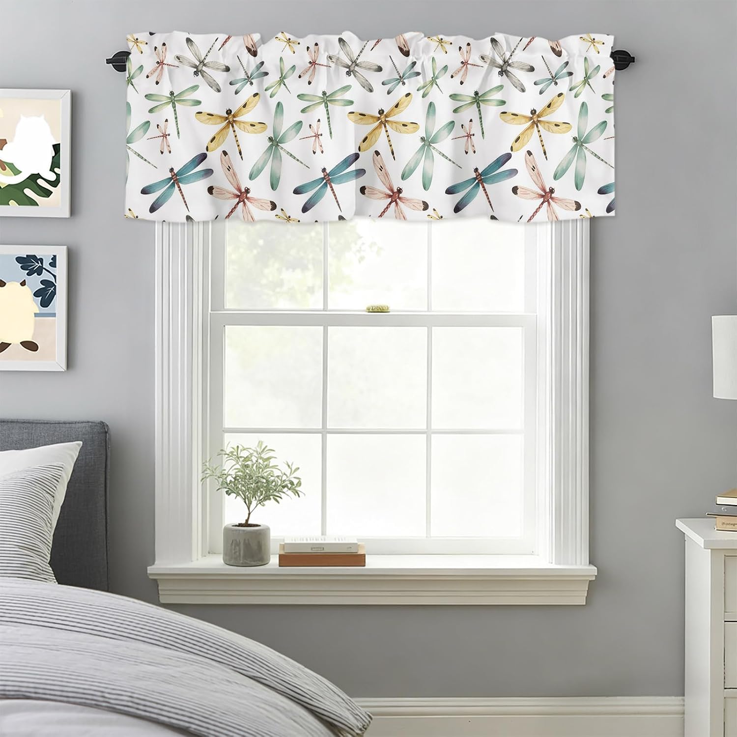 Valance Curtain for Kitchen, Art Dragonfly Flying Window Valance for Living Room Scroll,Rod Pocket Valances for Bedroom Decor,Window Treatment Valance 1 Panel 42"x 12"