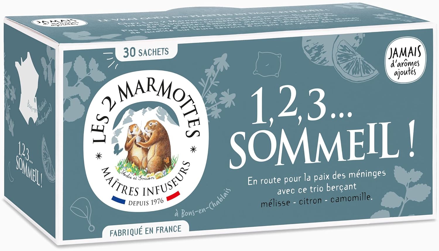 Les 2 Marmottes – Infusion 1,2,3…Sleep! 30 sachets – Lemon balm, lemon and chamomile – Sleep well and Relaxation – Made In France – No added flavors – 36g