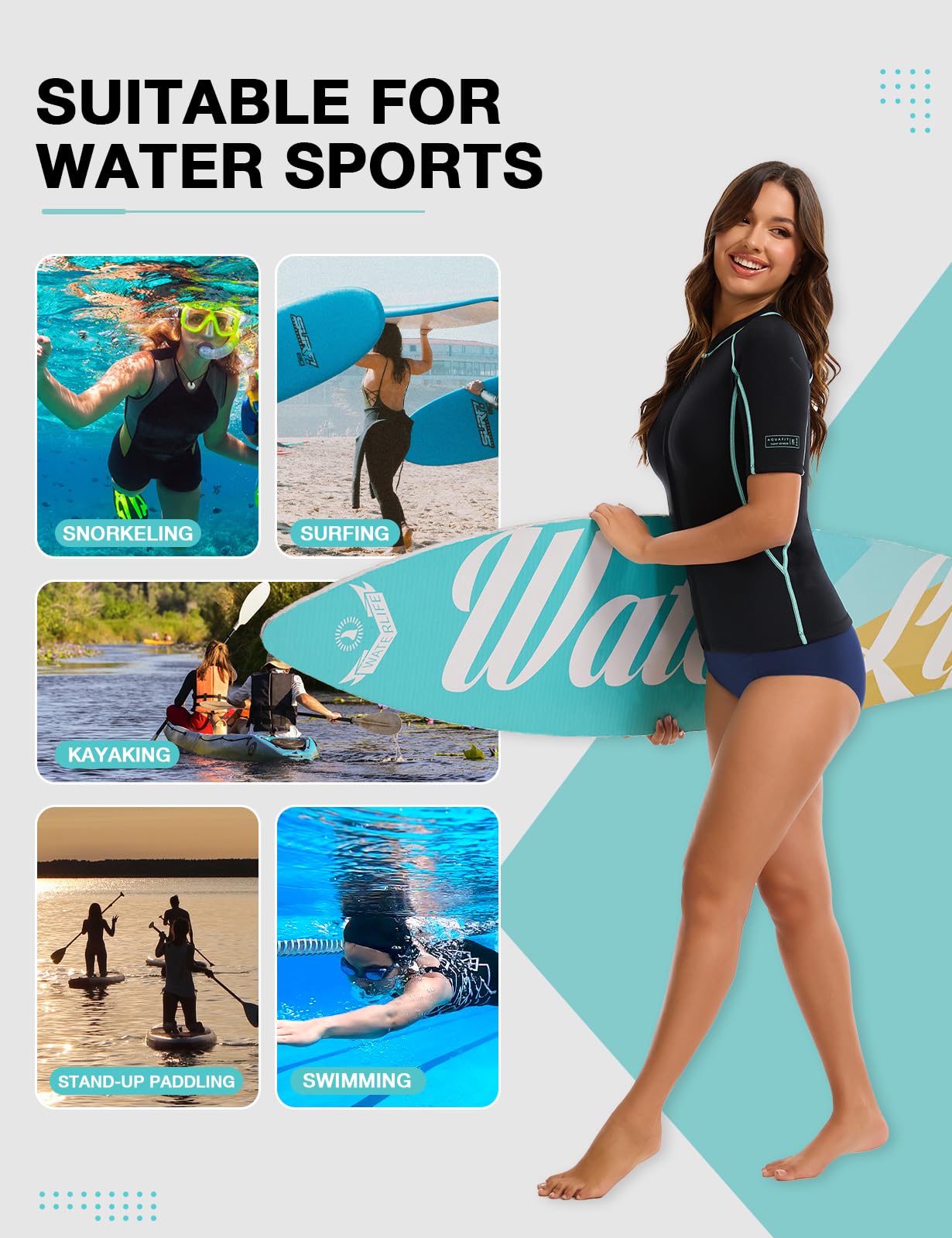 Lemorecn Traje de neopreno de manga corta para mujer, 2 mm, cremallera frontal, chaqueta de neopreno súper elástica para buceo, kayak, surf, natación