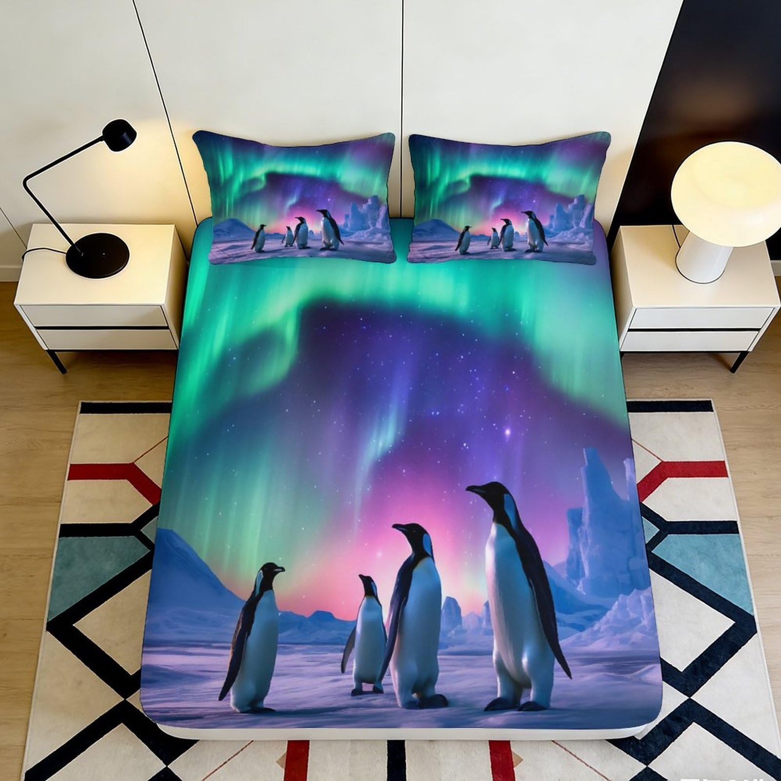 3D Printed Aurora Borealis Fitted Sheet Microfiber Soft Penguin Bed Cover for Bedroom Dorm Mattress Protection Decor 90x200x25cm
