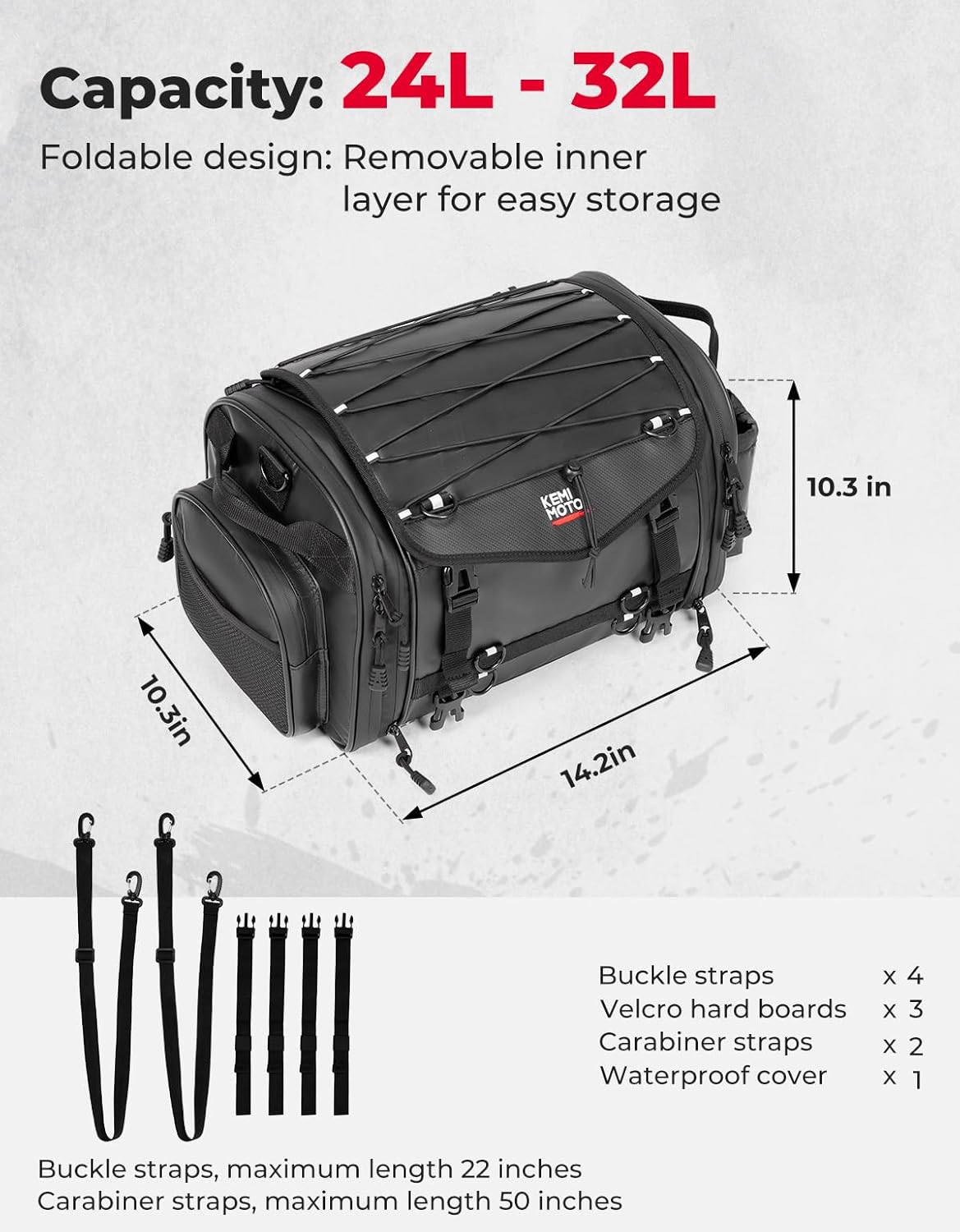 KEMIMOTO Motorcycle Travel Luggage Bags, 24-32L Expandable Large Capacity Motorcycle Tail Bag, Waterproof Rear Rack Trunk, Motor Pannier Bag with Rain Cover and Straps - Image 2