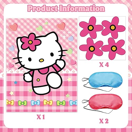 Miniatura 5 de Decoraciones de cumpleaños de gatito, póster grande con diseño de pin the flower on kitty, juegos de fiesta temática de gatitos, póster grande para