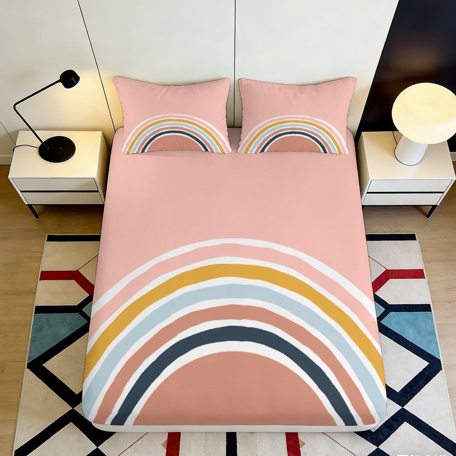 3D Printed Rainbow Pastel Fitted Sheet Microfiber Soft Decorative Arc Mattress Cover for Bedroom Guest Room Dorm Protection 90x200x25cm