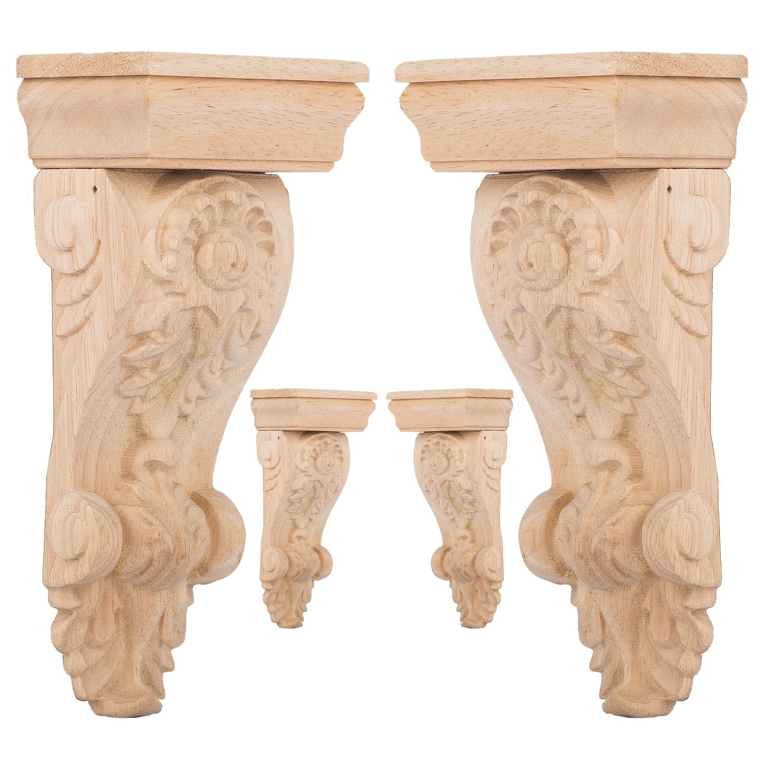 3 inch-W 2 inch-D 8 inch-H Wood Carved Corbels, Tchosuz 4 -Pack Antique Traditional Unfinished Wooden Carving DIY Decorative Scrolled Millwork Brackets for Countertop Kitchen Fireplace Mantel