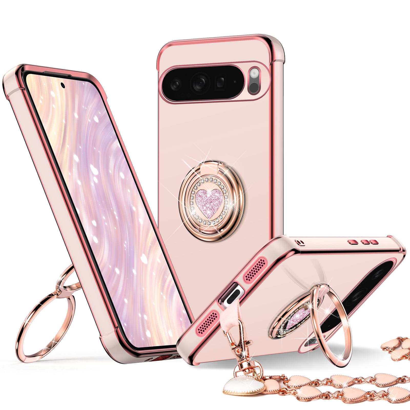 Coque Google Pixel 10 Pro avec double anneau support rose